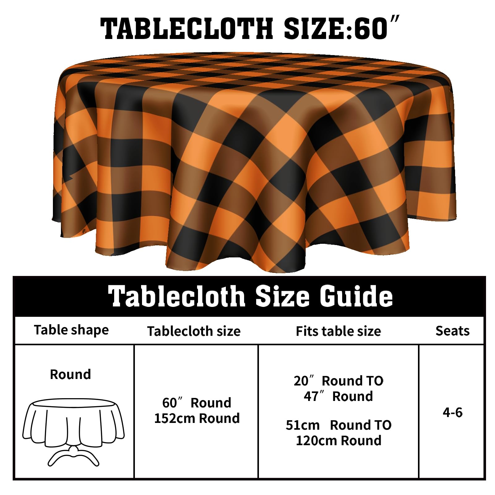 Halloween Tablecloth Round 60 Inch Black Orange Buffalo Plaid Round Table Cloth Autumn Thanksgiving Plaid Table Cloth Fall Autum