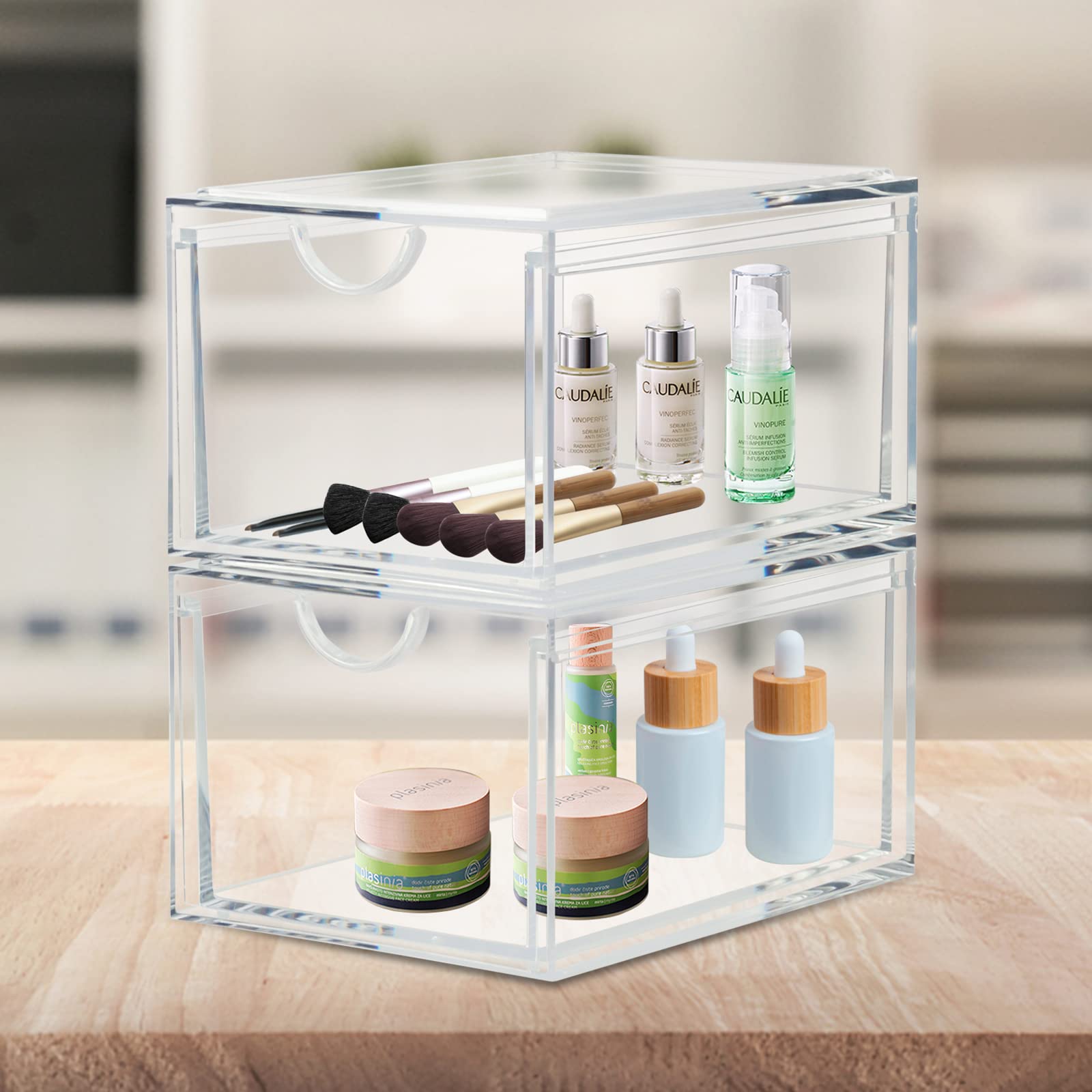 Cecolic 2 Pack Stackable Cosmetic Organizer Drawers, Clear Acrylic Makeup Storage Organizer Box, Plastic Storage Bins Vanity Con