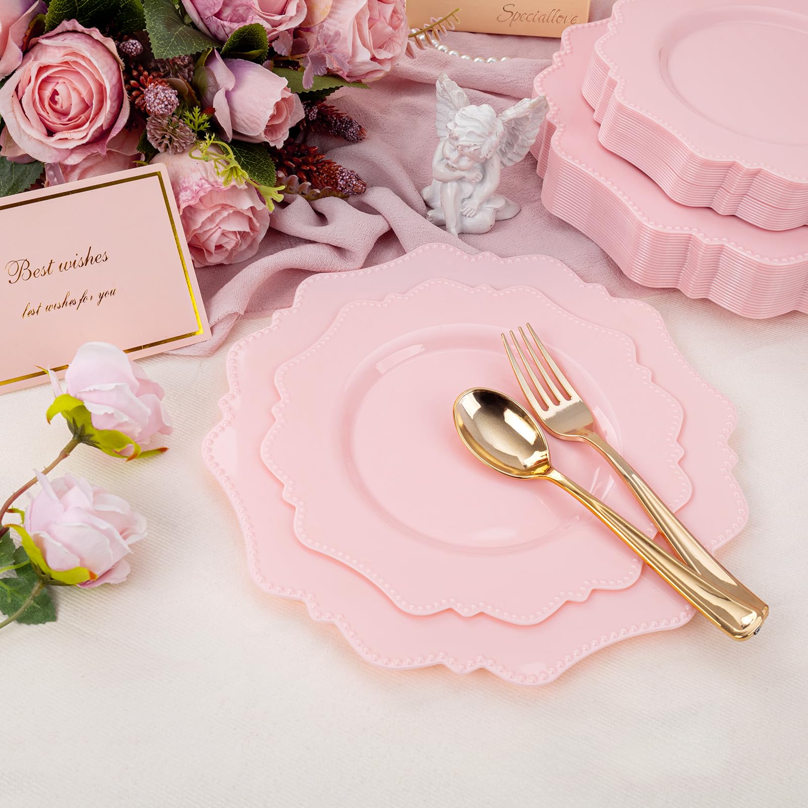 Colosus Disposable Pink Party Plastic Plates Set, 60 Pack (30 Guest) Dinner & Salad/Dessert Plate For Spring Wedding Birthday Va