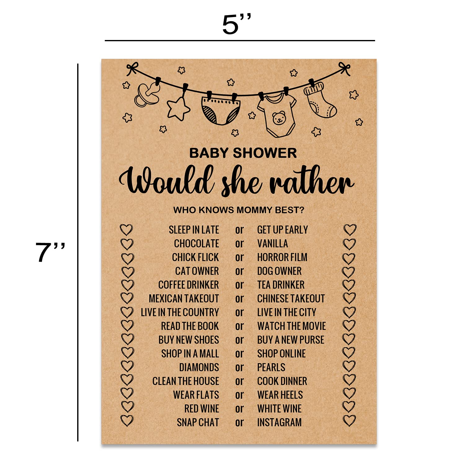 Baby Shower Game Cards, Would She Rather Baby Shower Game, Set Of 30 Cards, Rustic Bridal Wedding Shower Or Bachelorette Party G