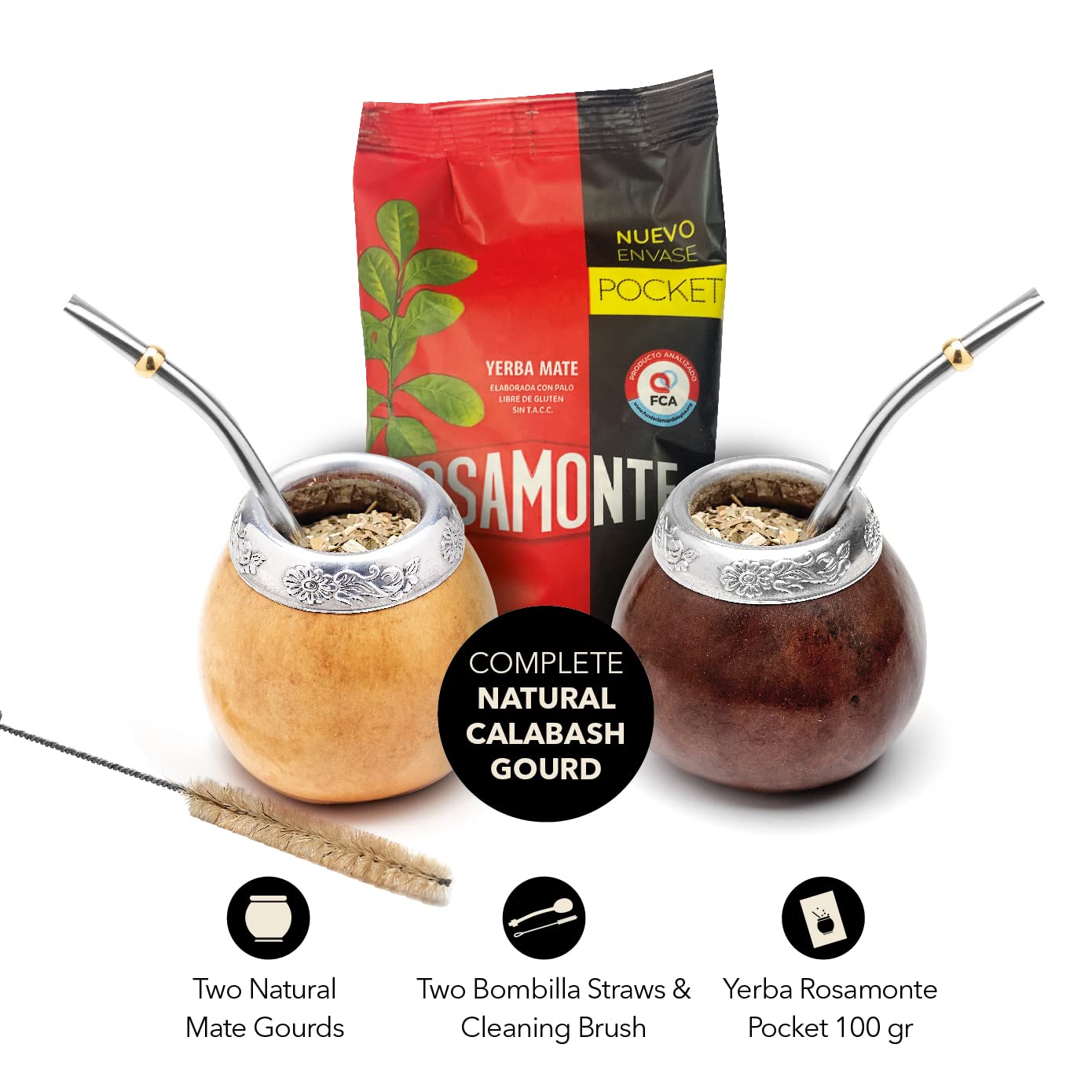 BALIBETOV Set of 2 Yerba Mate gourd and 1 Pack of 100gr - 35OZ of Yerba Mate - Yerba Mate cup Argentina - 2 Mate cup  2 Bombilla  1 cleaning Brush  1 Loose Leaf Yerba Mate bag (DARK BROWN - NATURAL)