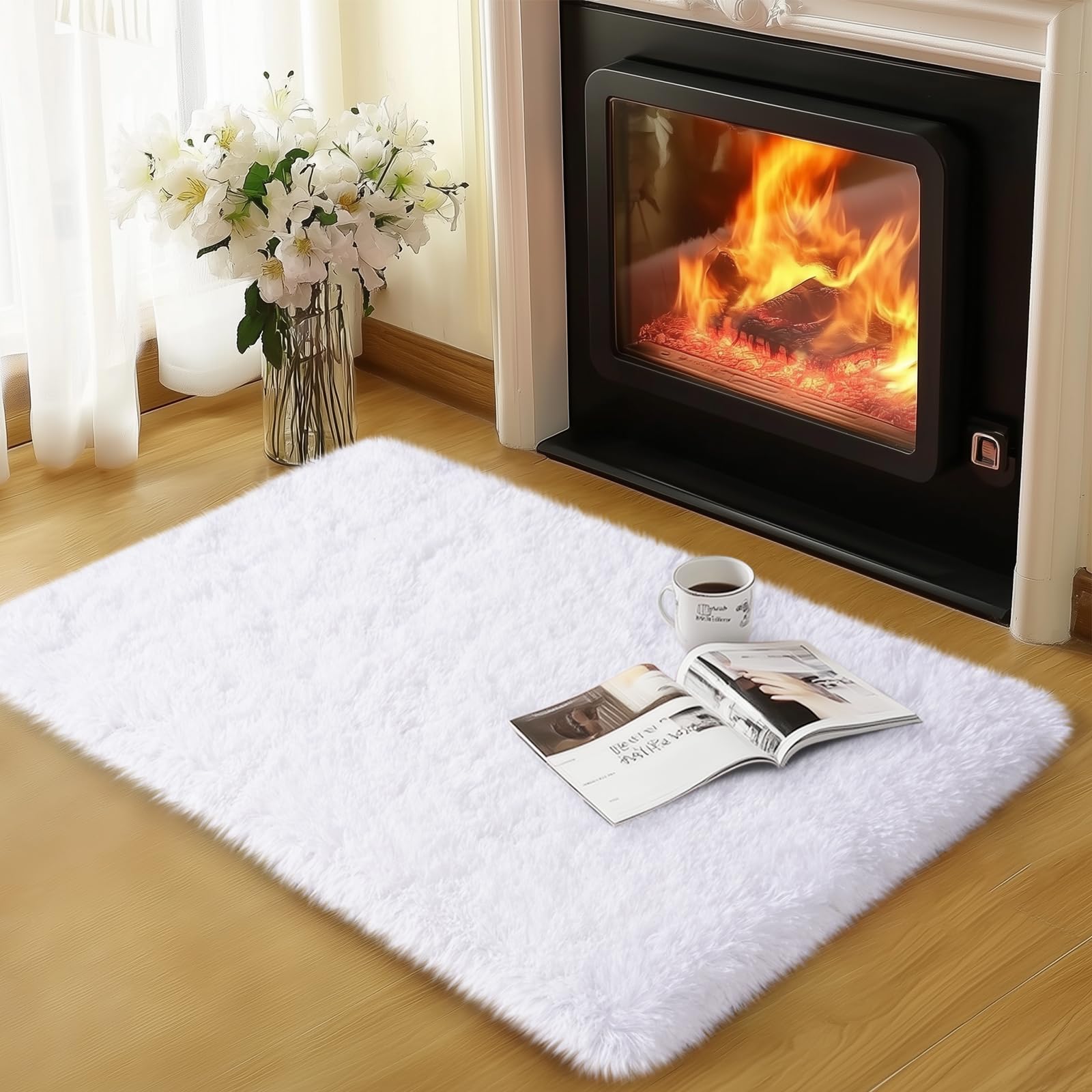 qulint 2x3 Area Rug for Bedroom, Fluffy White Rug for Girls Shag Fuzzy Small Carpet for Living Room, Soft Shaggy Carpet for Besi