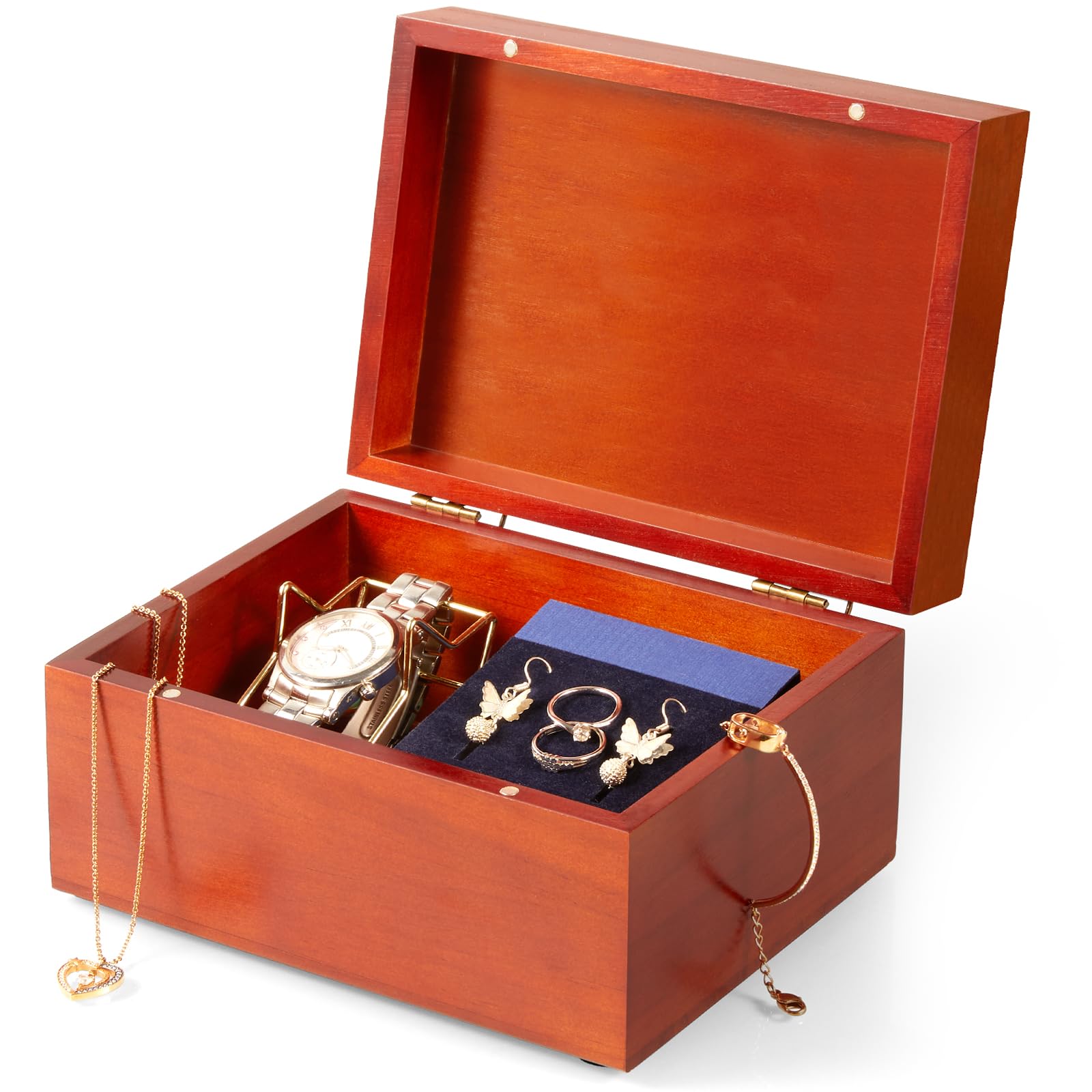 DRASTAR Large Wooden Keepsake Memory Box, Decorative Storage Box with Hinged Lid, Jewelry Gift Box with Lids, Brown