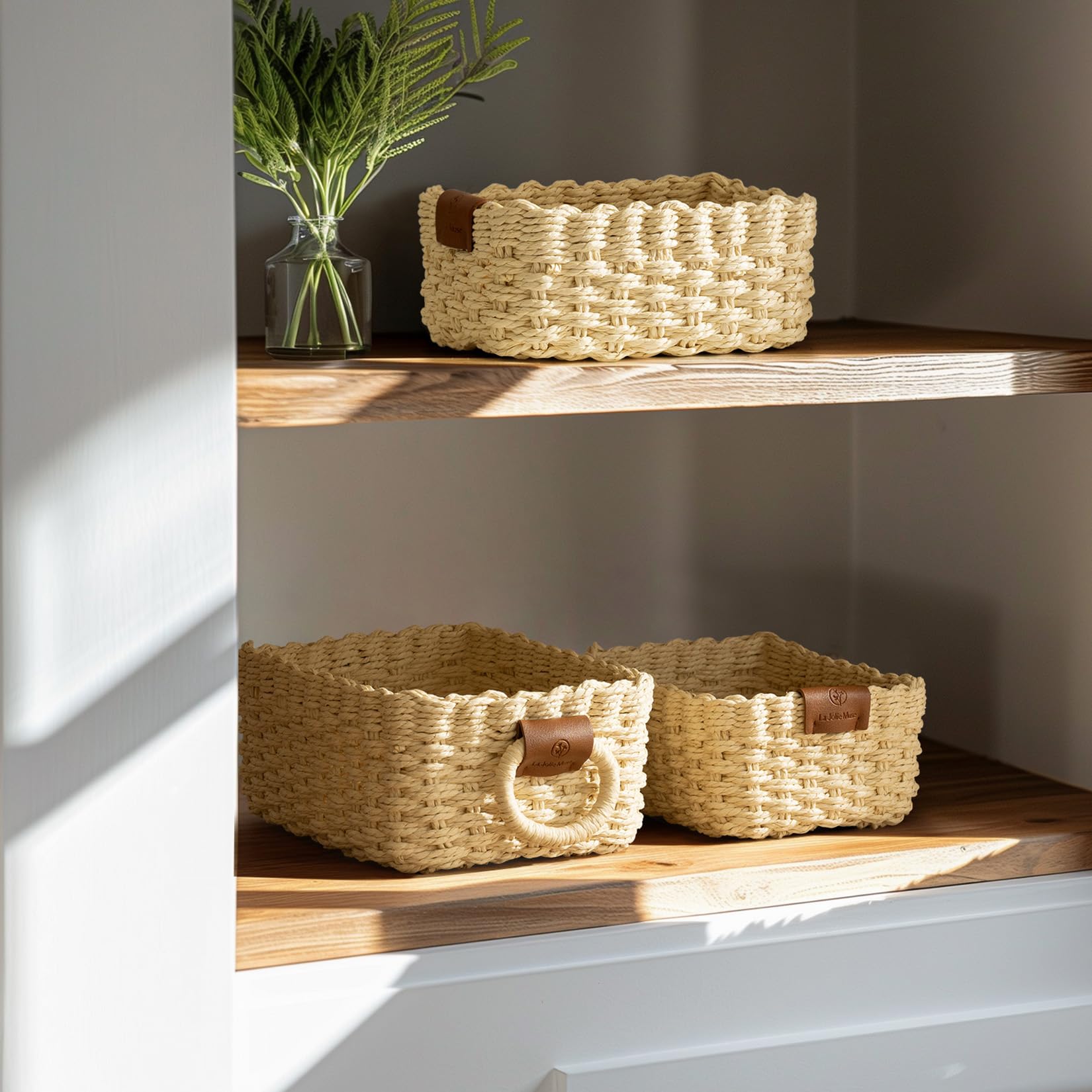 La Jolie Muse Small Beige Wicker Baskets For Organizing, Recycled Paper Rope Storage Basket Container Bins For Shelves Bathroom