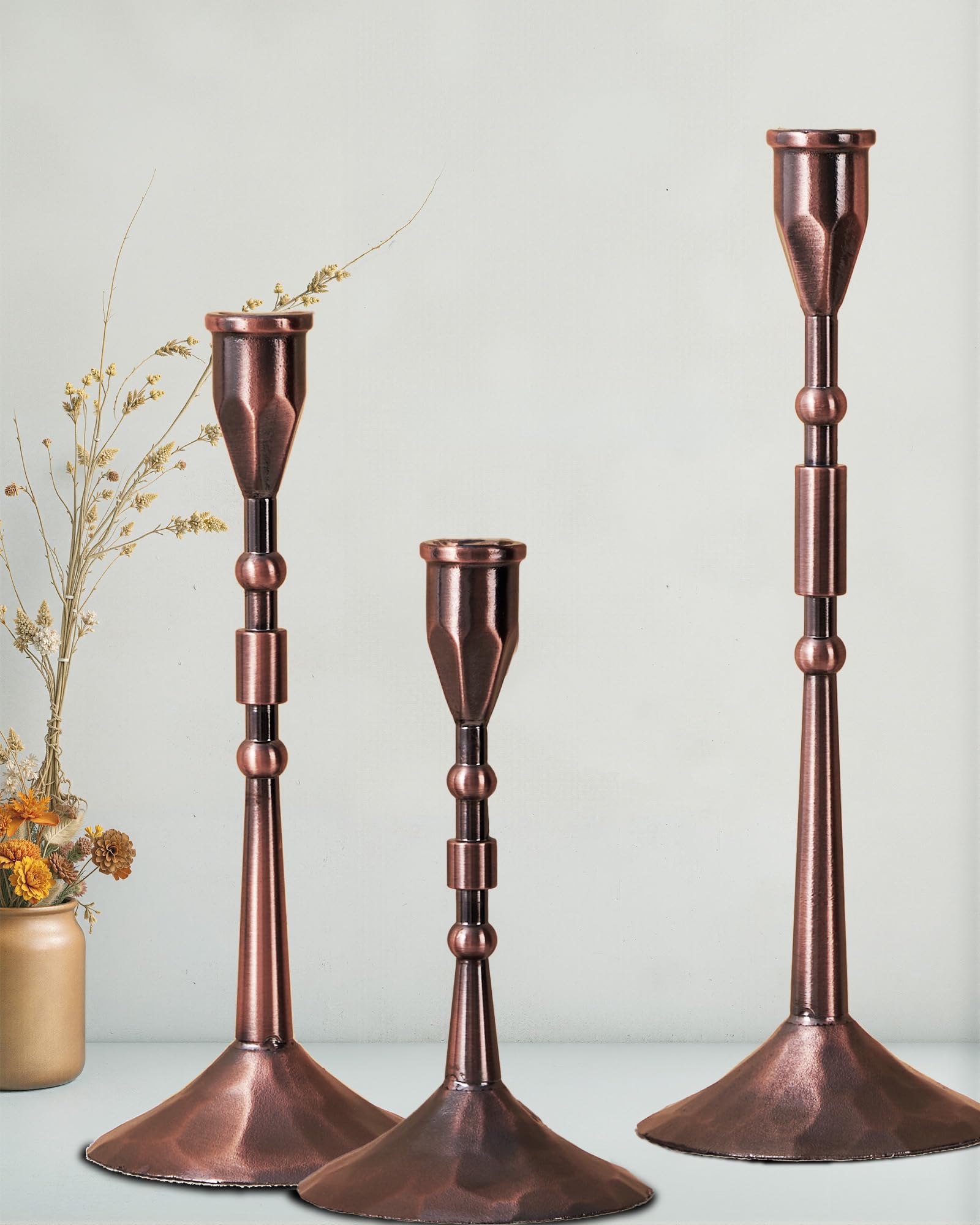 YOUTUOY Vintage Taper Candle Holders Set | Handmade 3-Piece Candlestick Decor for Table Centerpiece, Farmhouse Kitchen & Party L