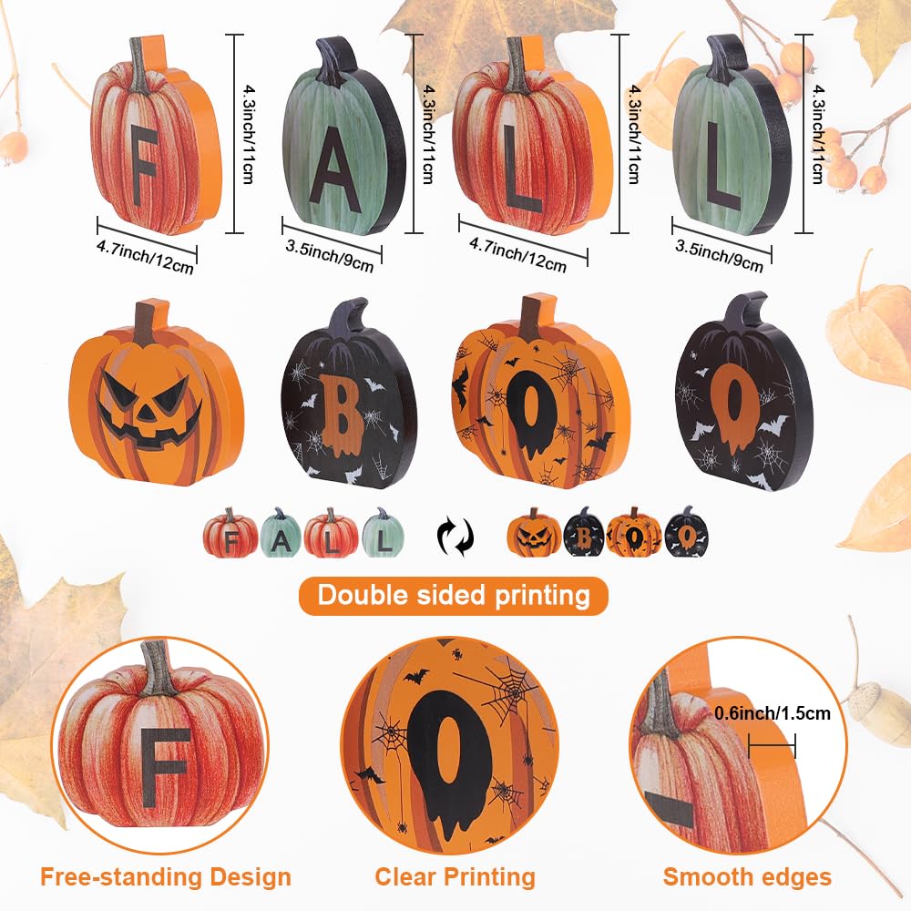 Fall Decorations for Home & Halloween Decorations Indoor, DECSPAS Double-sided Pumpkin Wood Sign with Fall & BOO Lettered, Autum