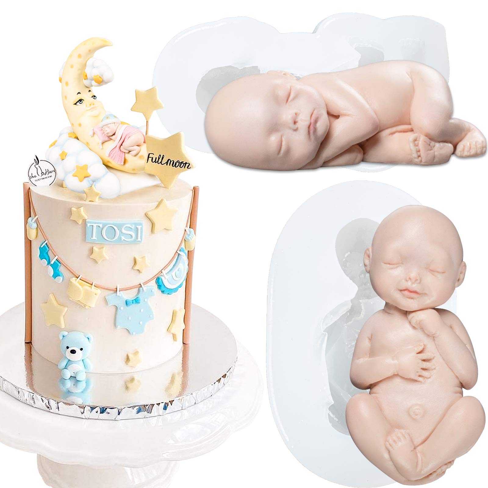 Sleeping Baby Fondant Silicone Molds For Cake Decoration Cupcake Topper Chocolate Soap Wax Clay 2-In-Set Around 2.4X1Inch