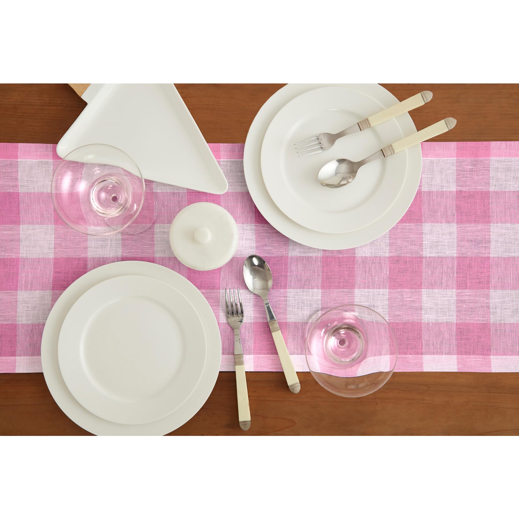 Solino Home Linen Buffalo Check Table Runner 72 inches Long - 100% Pure Linen Buffalo Plaid Pink Begonia Table Runner 14 x 72 Inch - Dresser Scarf Dining Table Runner for Indoor  Outdoor