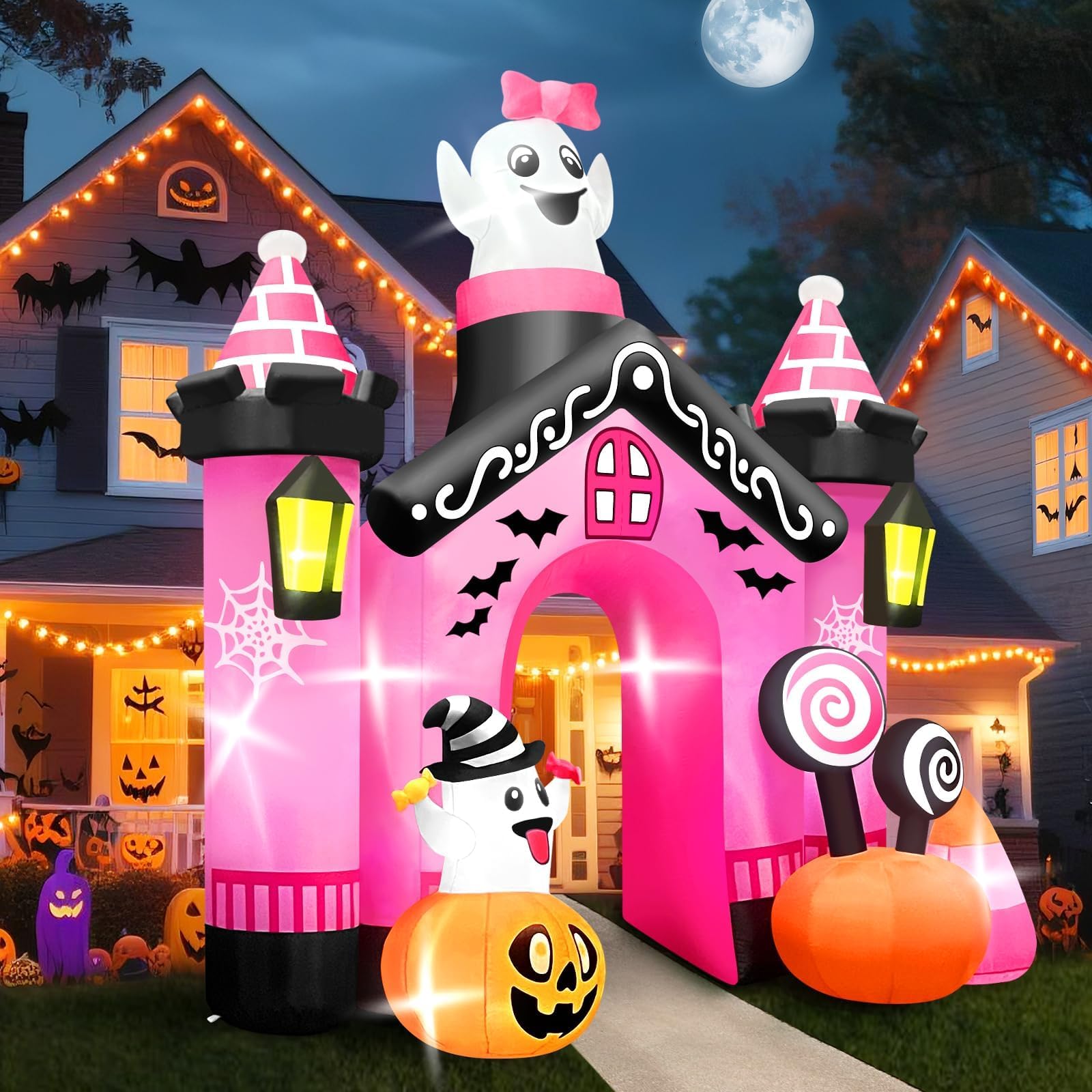 Kalolary 11 FT Halloween Inflatables Ghost Archway Outdoor Decorations, Pink Castle Arch Blow Up Yard Decorations Scary Inflatab