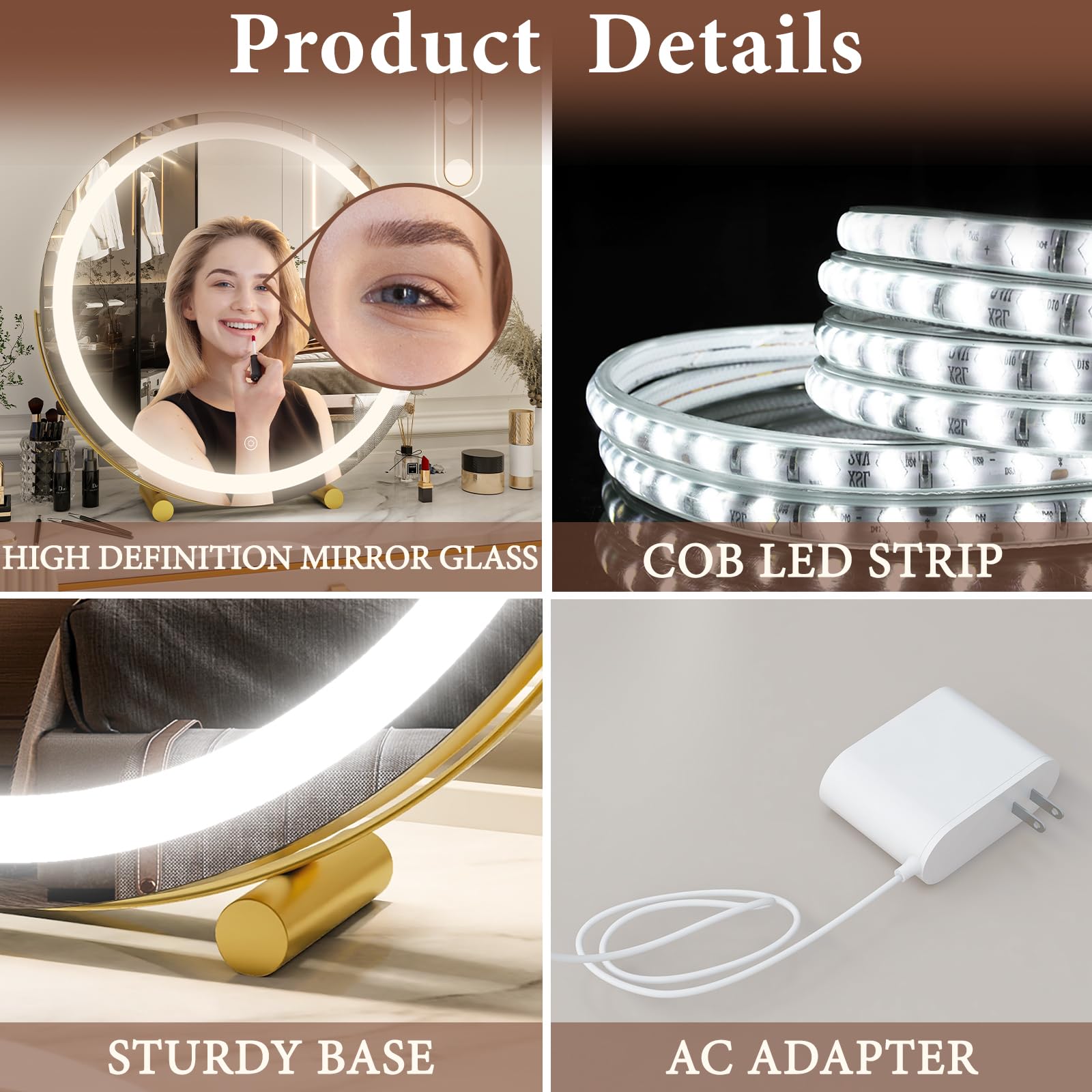Fennio Vanity Mirror With Lights, 13 Inch Cob Led Lighted Makeup Mirror, Round Makeup Mirror With Lights With 3-Color Lighting,