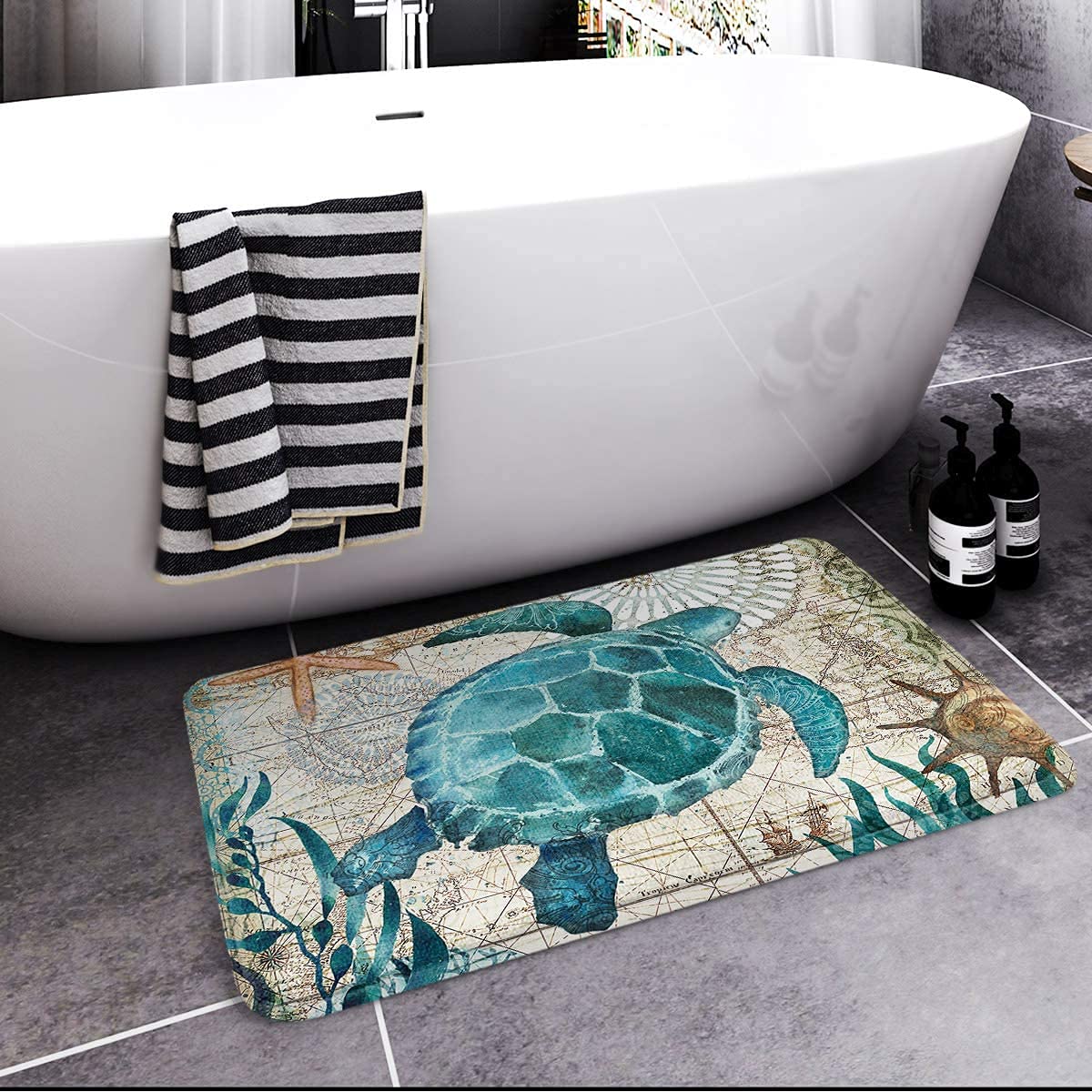 Britimes Bath Mat For Bathroom, Bathroom Mats Rugs No Silp, Blue Turtle Washable Cover Floor Rug Carpets Floor Mat Bathroom Deco