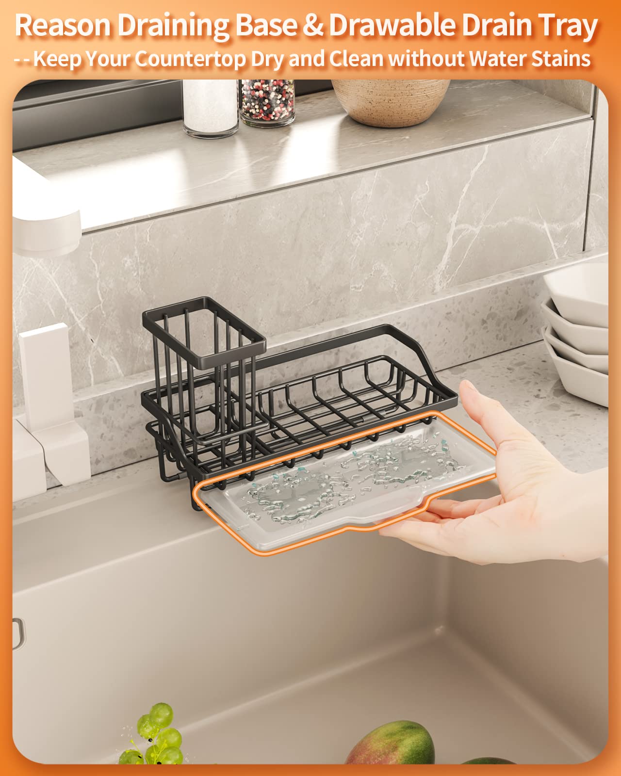 Swtymiki Sink Caddy Kitchen Sink Organizer With Detachable Brush Holder, Stainless Steel Sink Sponge Holder With Removable Drip