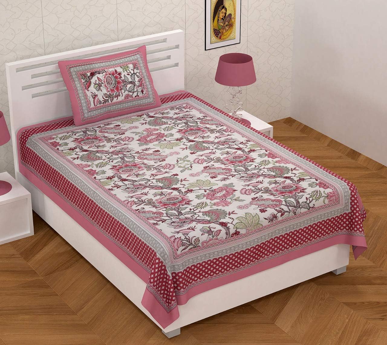 Easygoods Cotton Bedsheet For Single Bedsheet With 1 Pillow Cover 60X90 Inch, Handcrafted Bed Sheets (Pink-3)