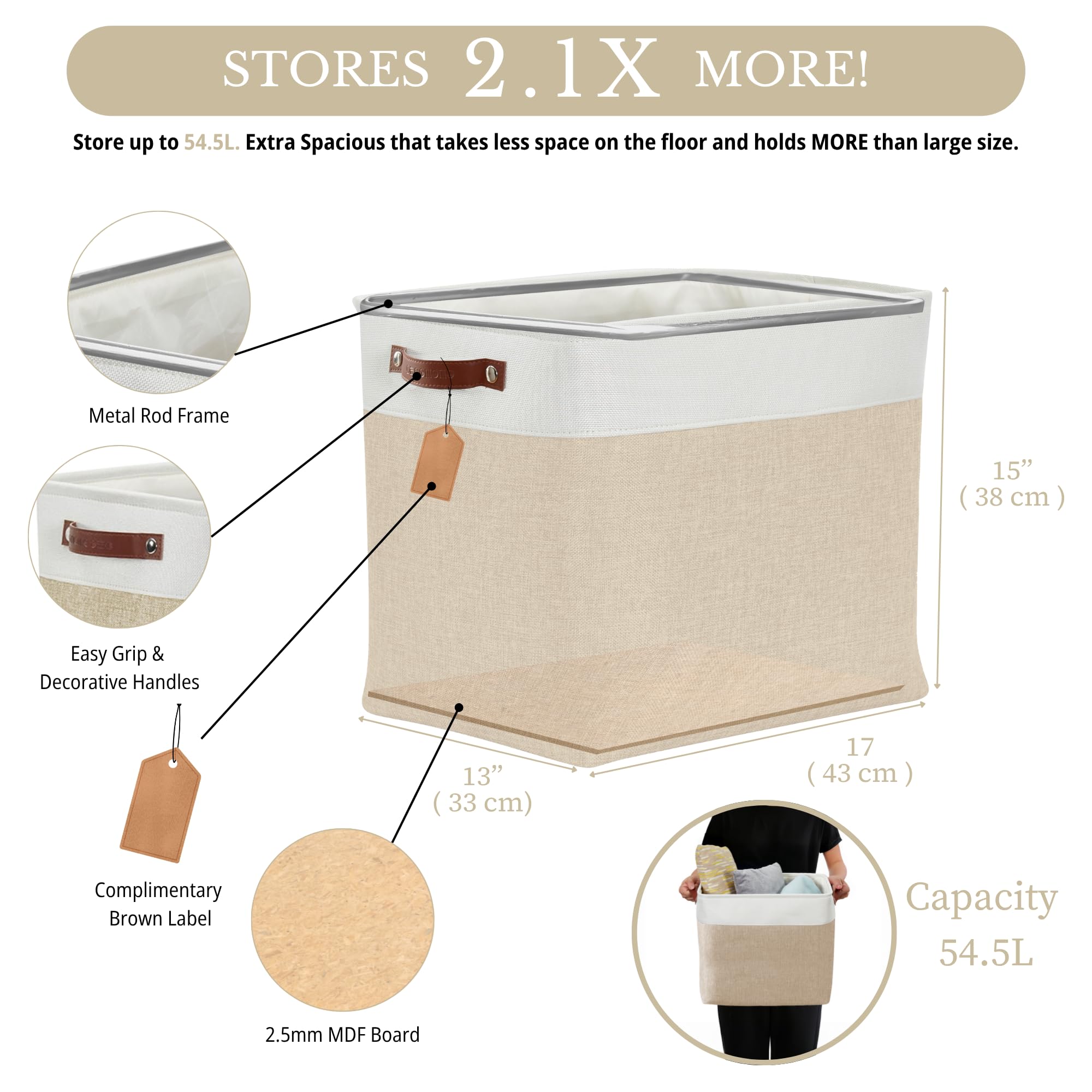 DECOMOMO Extra Large Storage Baskets, 54.5L Fabric Storage Bins for Organizing Linen Closet, Nursery (Beige & White, XXXL - 3 pa