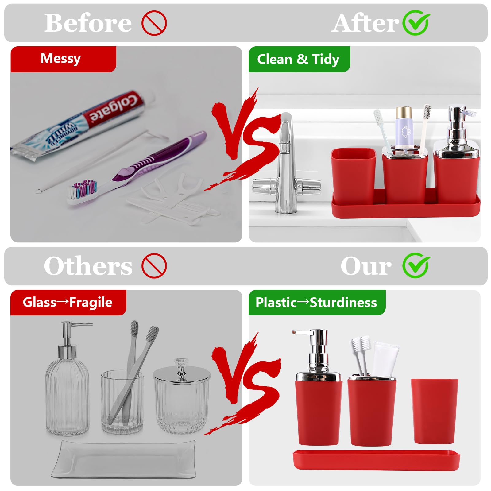 Dark Red Bathroom Accessory Set, 9-Piece Burgundy Bathroom Set With Trash Can, Toothbrush Holder, Toothbrush Cup, Soap Dispenser