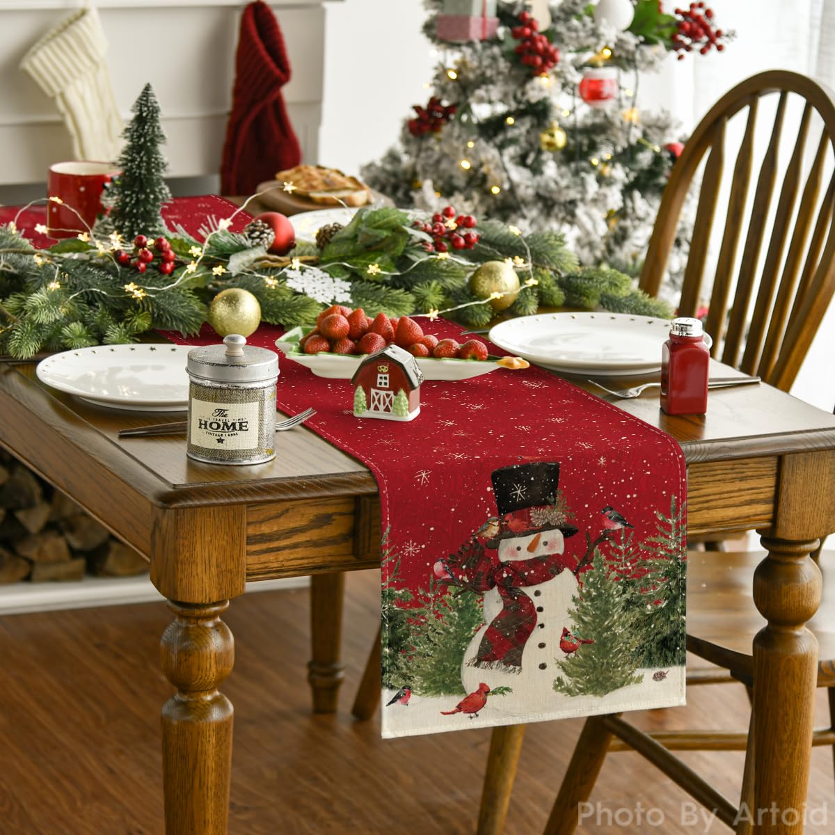 Artoid Mode Table Runner, Christmas Snowman & Trees Design, 13" x 90", Red Polyester, Holiday Decor for Indoor/Outdoor Use