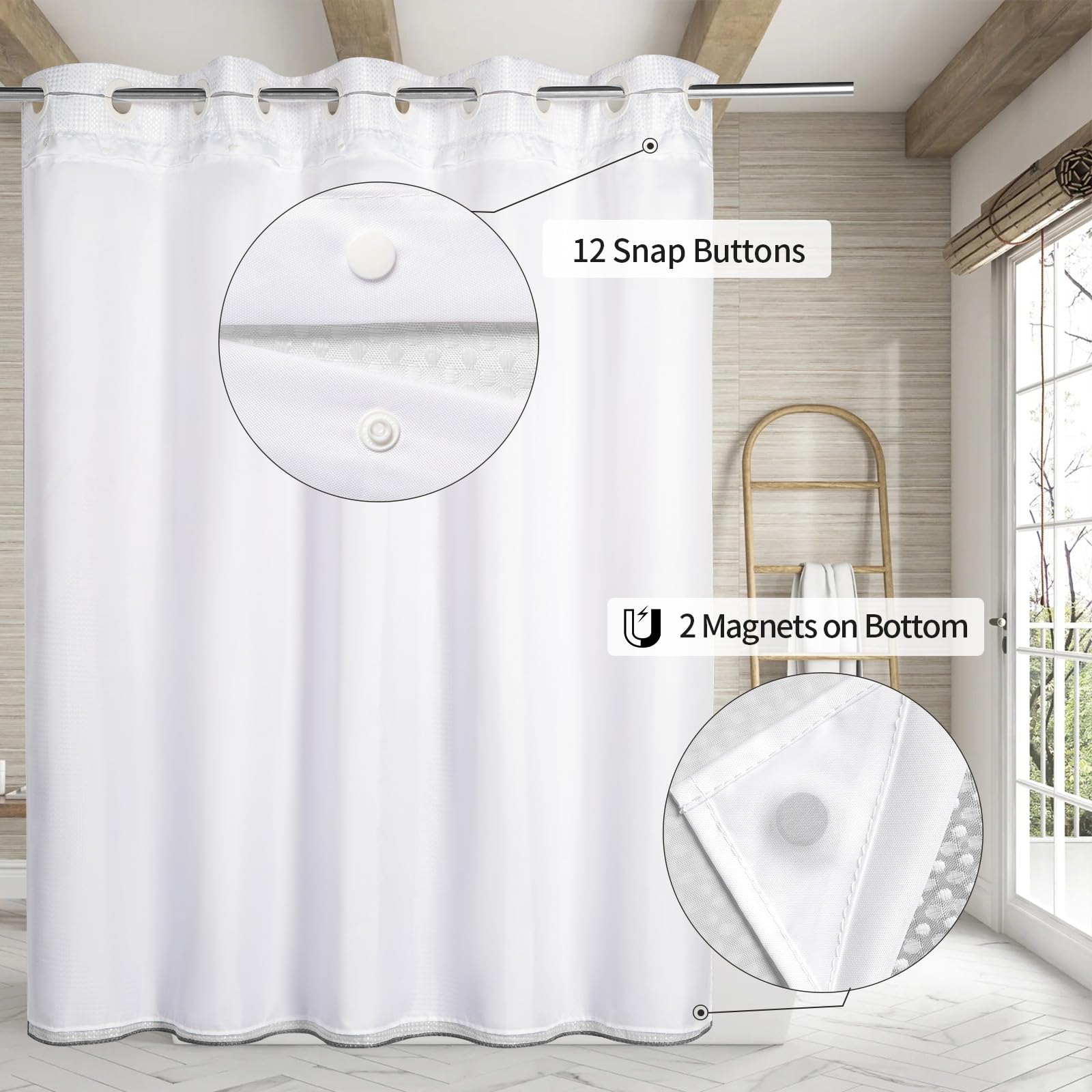 Mitovilla No Hooks Needed Grey Ombre Waffle Shower Curtain With Snap-In Liner, Modern Waffle Weave Heavy Duty Fabric Cloth Showe