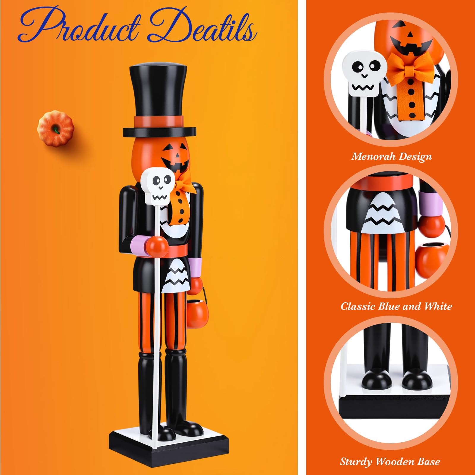 Blosssound Halloween Pumpkin Nutcracker Decorations Wooden Nutcracker Soldier Figurine Skull Design Ornament for Table Desktop H