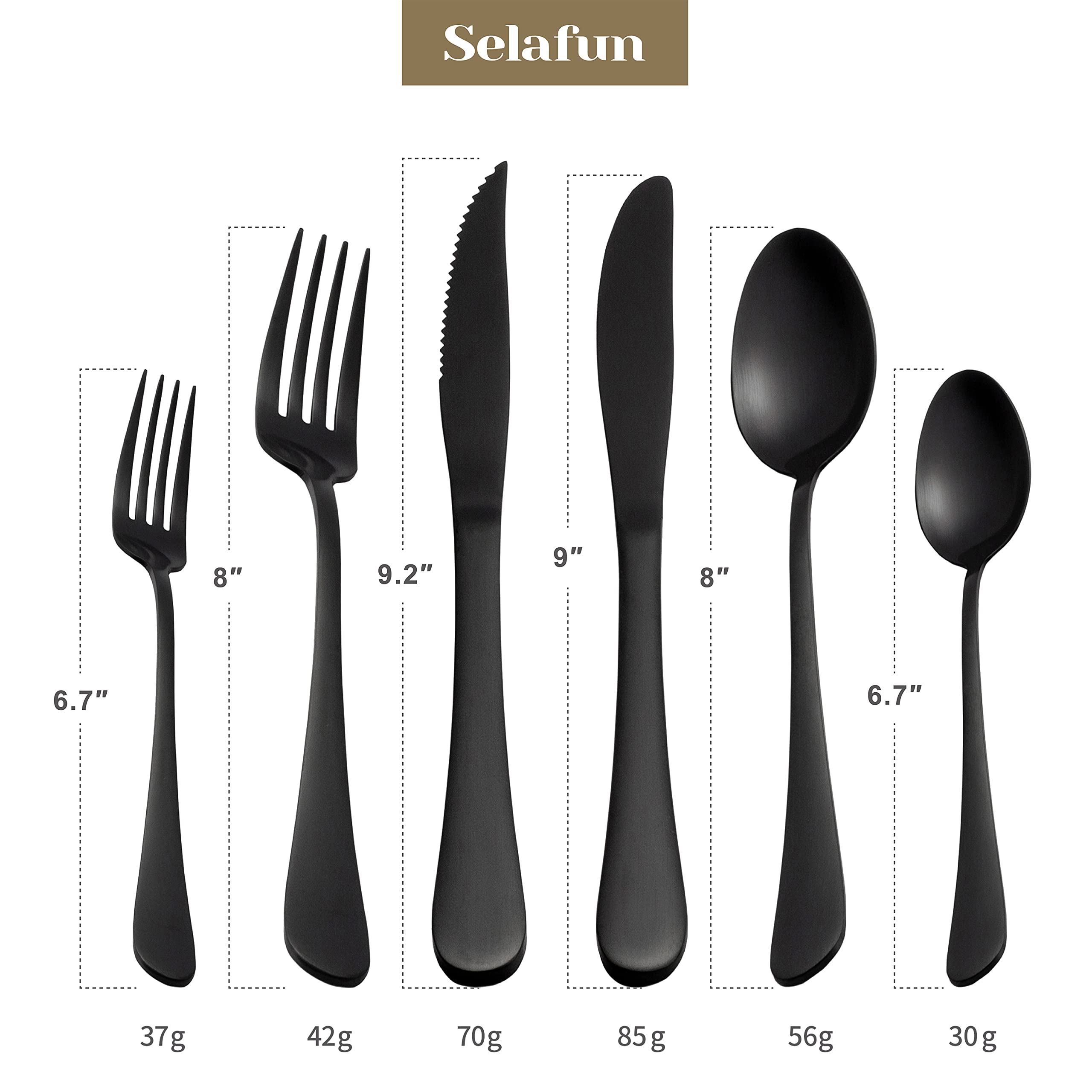 Selafun 24 Piece Matte Black Flatware Set.Stainless Steel Matte Black Silverware Set Titanium Plating Tableware Cutlery Set. Ute
