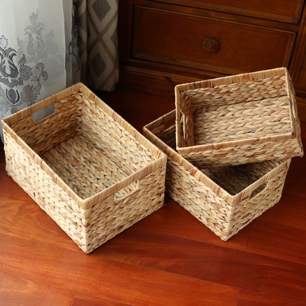 Storage Baskets,Woven Natural Water Hyacinth Box With Handle,Kingwillow.(Set Of 3)