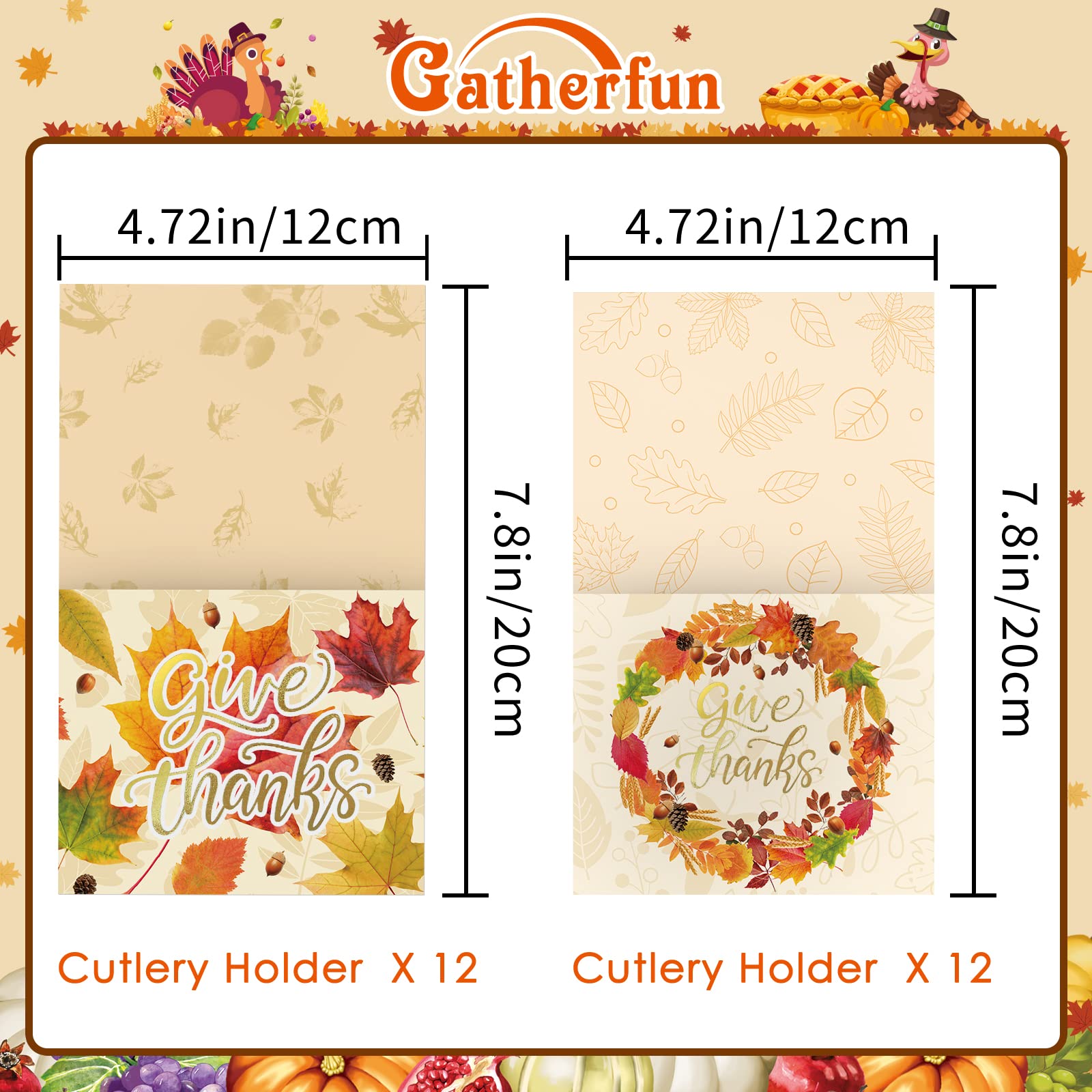 Thanksgiving Cutlery Holder Gold Foil With Give Thanks Maple Leaf Design, Utensil Holder For Autumn Harvest Party Table Decorati