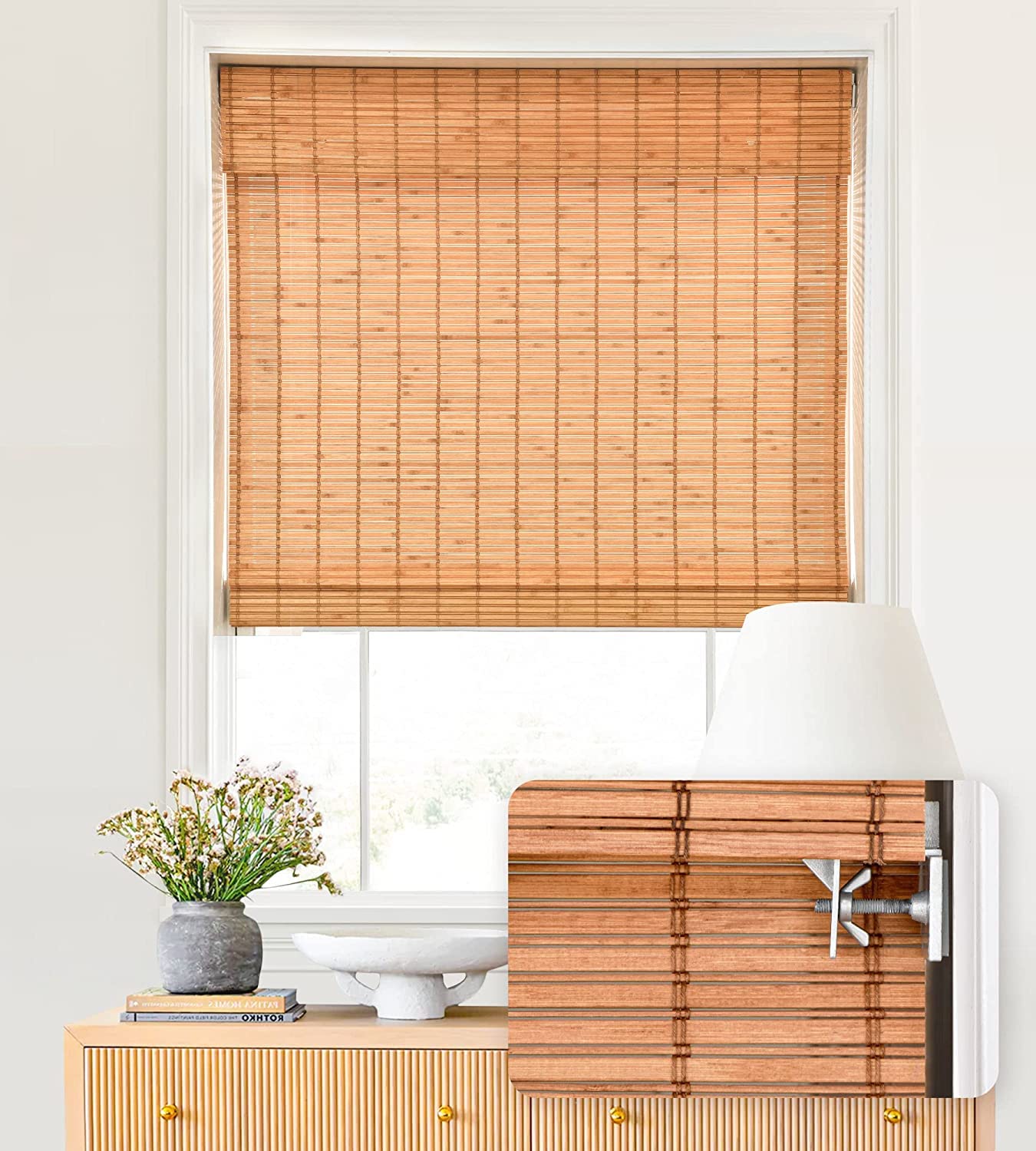LazBlinds No Tools No Drill Cordless Bamboo Roman Shades, Light Filtering Window Treatment, Roll Up Bamboo Blinds for Window 24