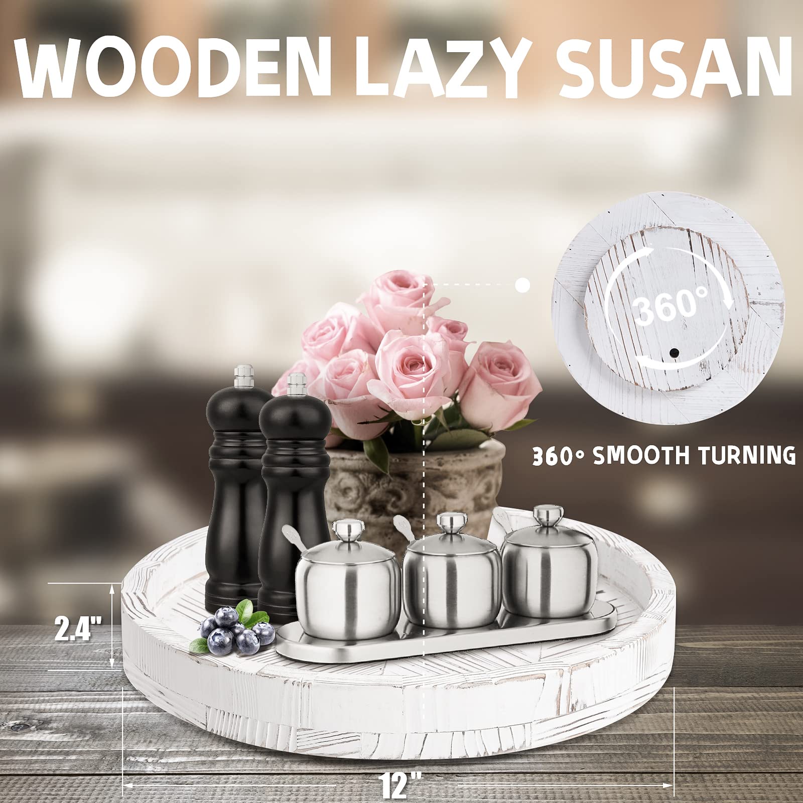 12 Inch Rustic Farmhouse Wood Lazy Susan Turntable For Table, Tomoaza White Herringbone Decorative Turntable Tray, Dining Table