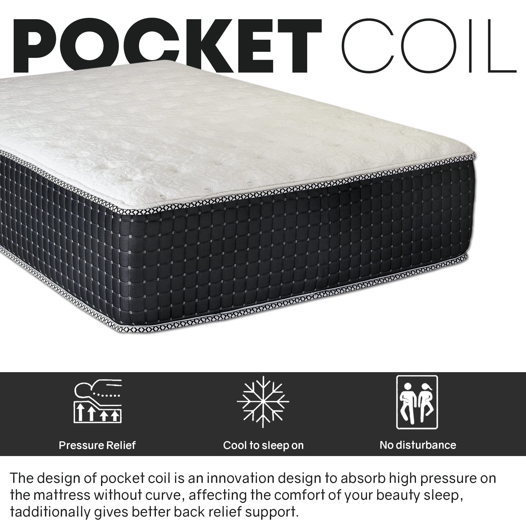 Zayton, 14-Inch Luxury Foam Encased Soft Hybrid Mattress, Pocket Coil Springs For Motion Isolation & Pressure Relief, Strong Edg