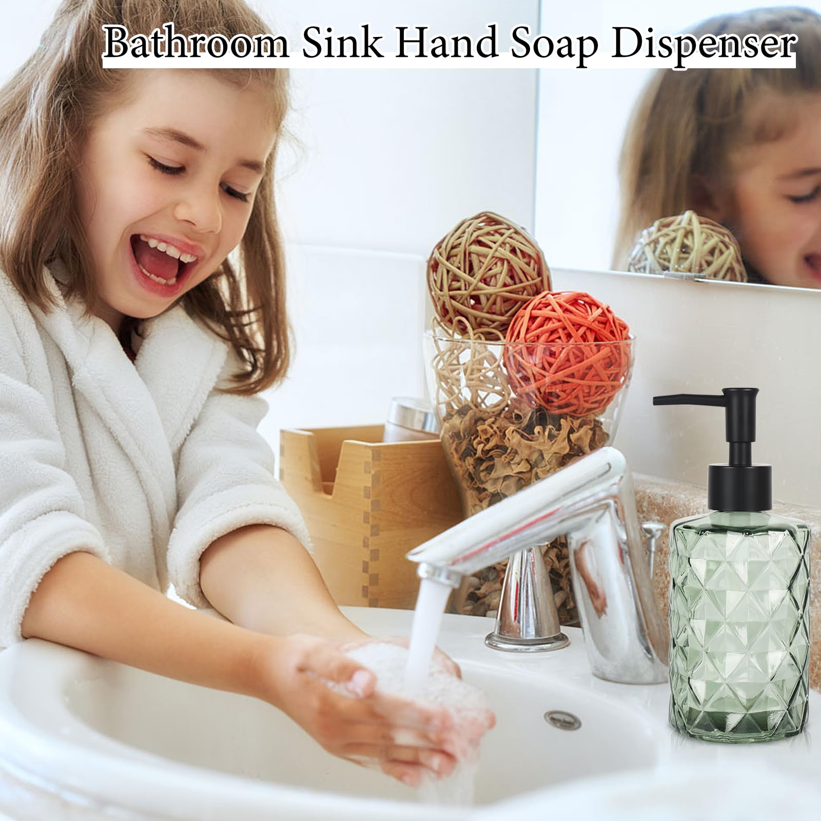 Clear Green Glass Soap Dispenser With Pump, 12Oz Diamond Design Hand Soap Dispenser, Refillable Lotion Dispenser & Dish Soap Dis