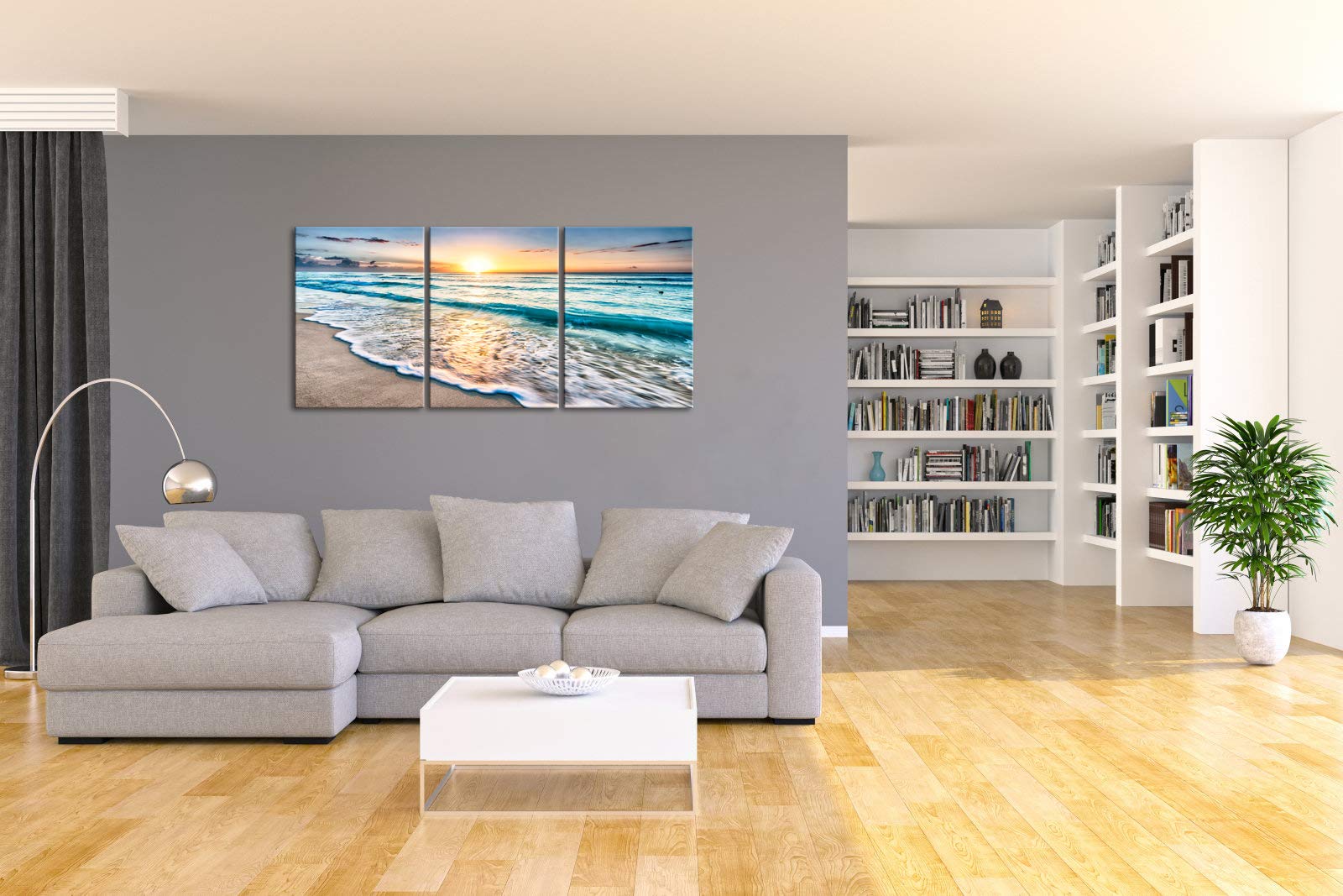 Wieco Art 3 Panels Blue Beach Sunrise White Wave Pictures On Canvas Wall Art Modern Stretched And Framed Seascape Canvas Prints