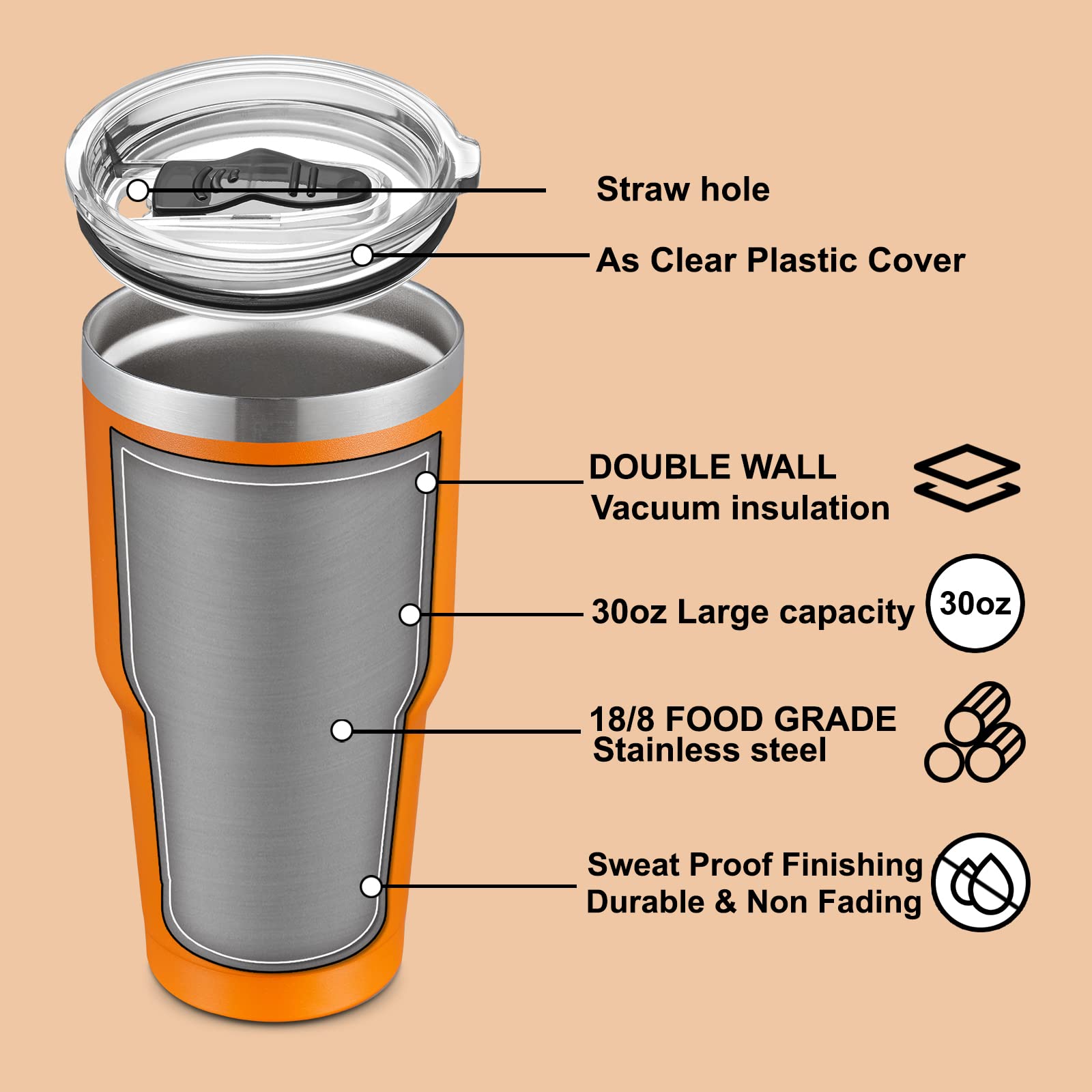 COMOOO 30oz Tumbler Stainless Steel Insulated Tumbler with Lid Double Wall Vacuum Coffee Cup Large Travel Mug for Hot and Cold Drinks  Home  Office  School Party (Orange  4 Pack)
