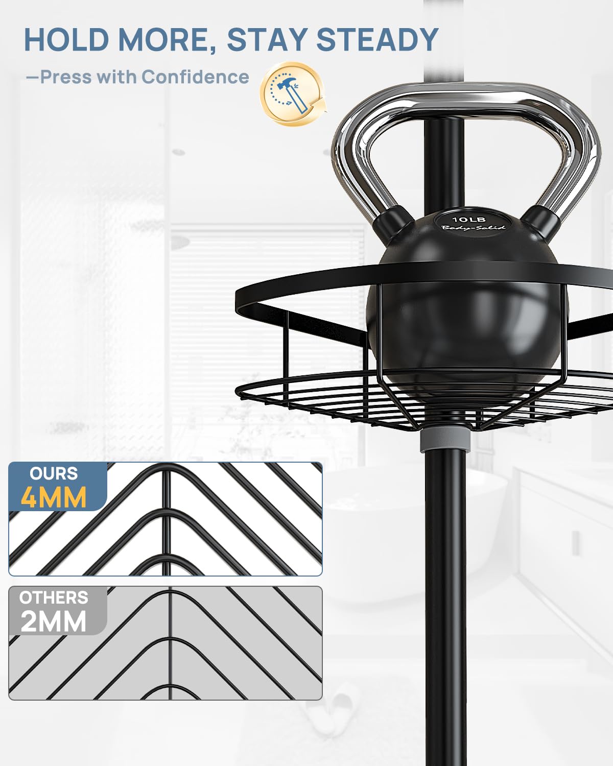 Seirione Corner Shower Caddy Tension Pole,Rustproof Bathroom Shower Organizer Corner,Adjustable Shower Shelf For Inside Shower,S
