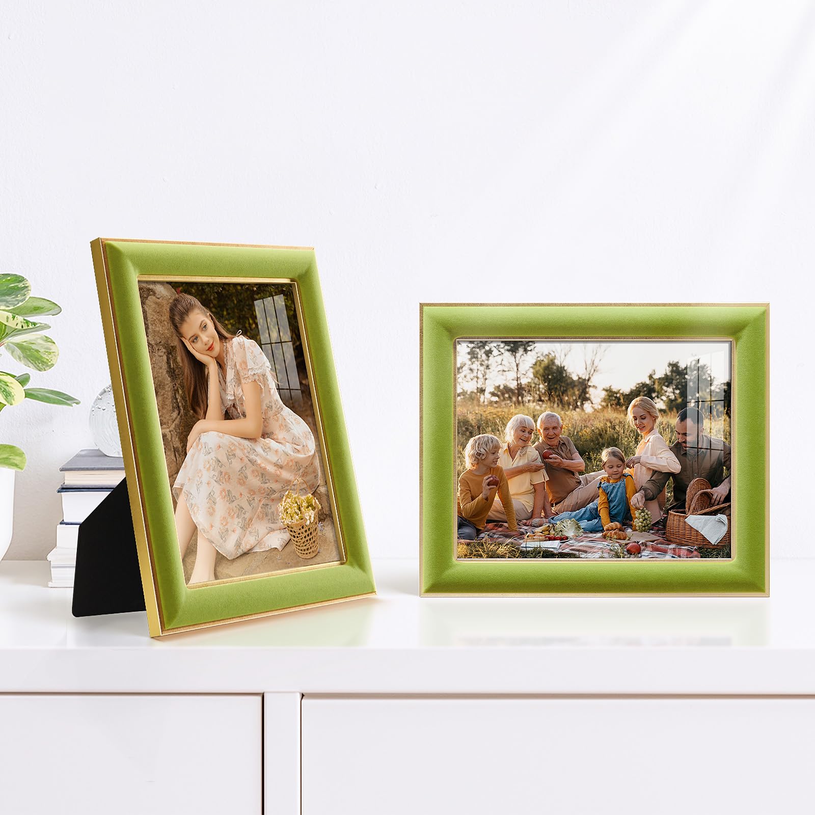 KSROECUD 8x10 Velvet Picture Frame with 2 Opening 4x6 Picture, HD Real Glass Light Green Velvet Photo Frame with Black White Bor