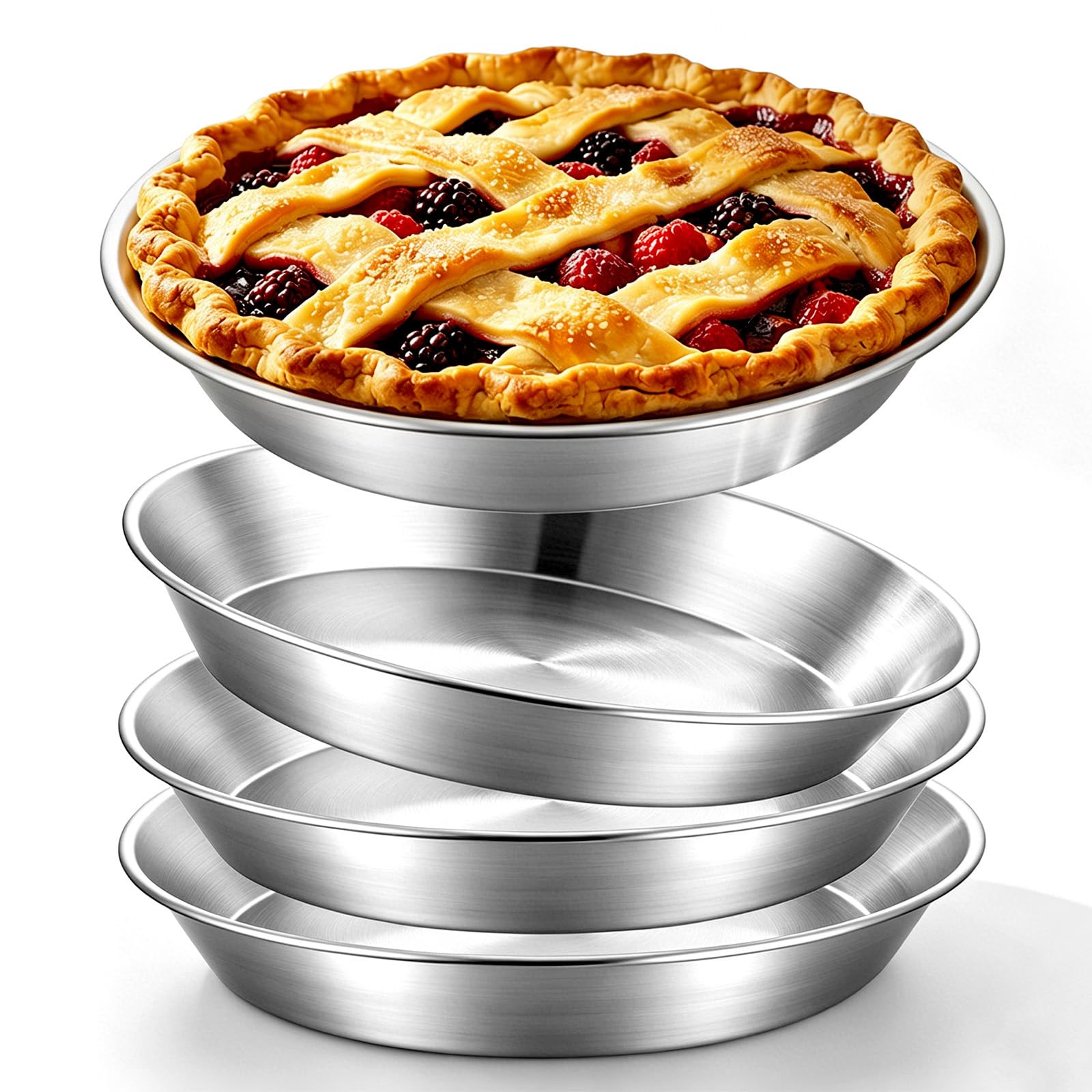 Bnuxpuuo 4 Pcs Deep Stainless Steel Pie Pan Set  9.5 Inch Thickened Metal Baking Pans for Oven, Large Pizza Tray Rust Proof Reu