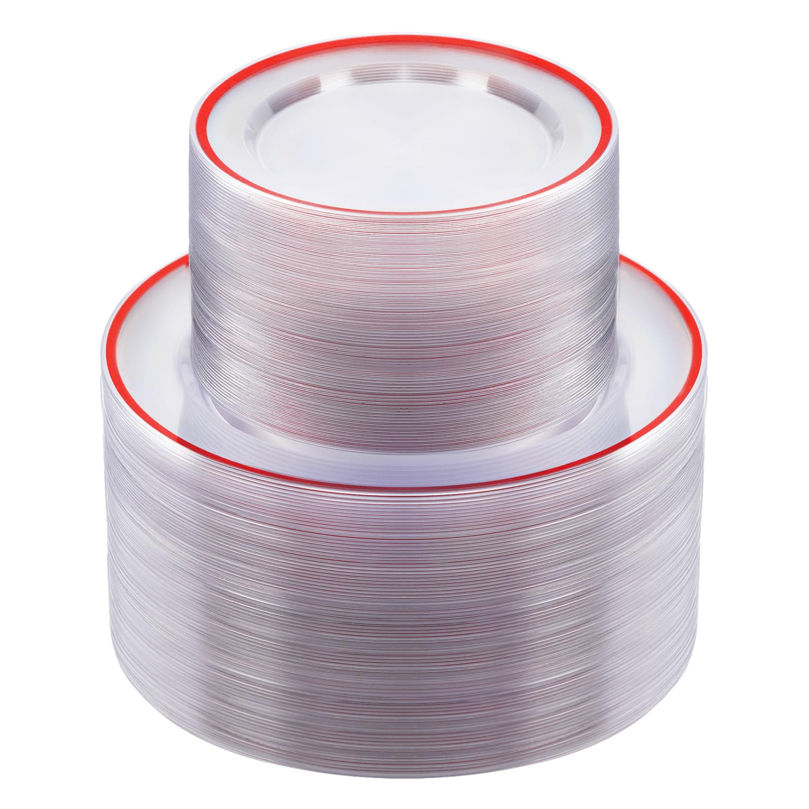 Beststar 200Pcs Red And Clear Plastic Plates, Disposable Plate Set With 100 Dinner Plates And 100 Dessert Plates For Party, Chri