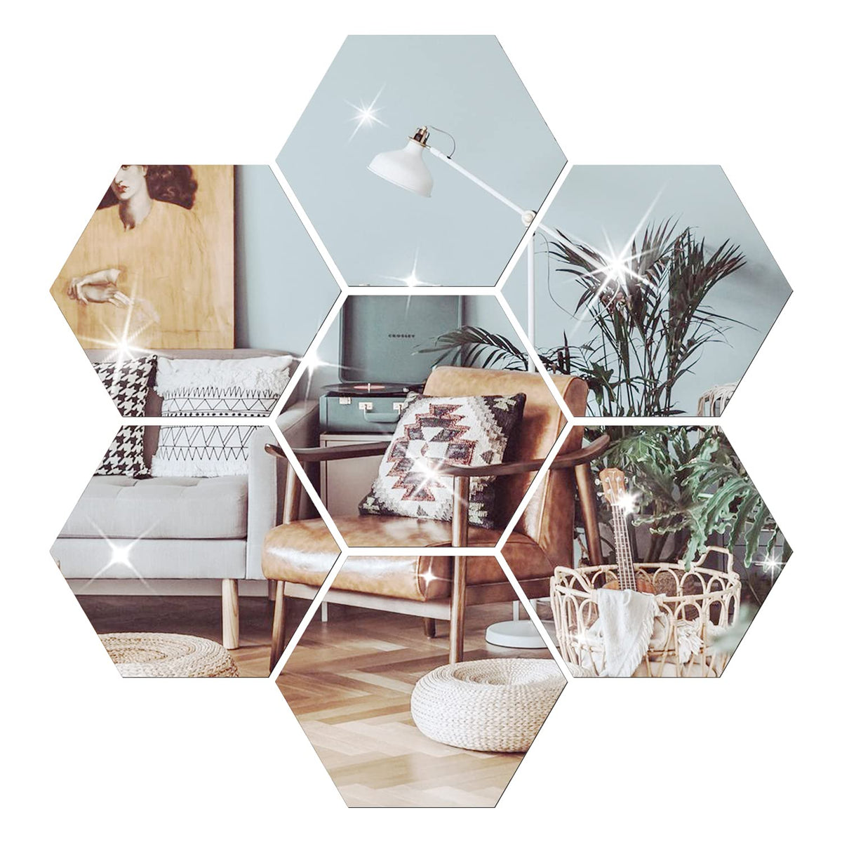 Naildoki Diy Wall Decals Acrylic Mirror Sticker Set 12 Pcs, Hexagon Mirror Wall Stickers For Living Room Bedroom Decor (Silver)