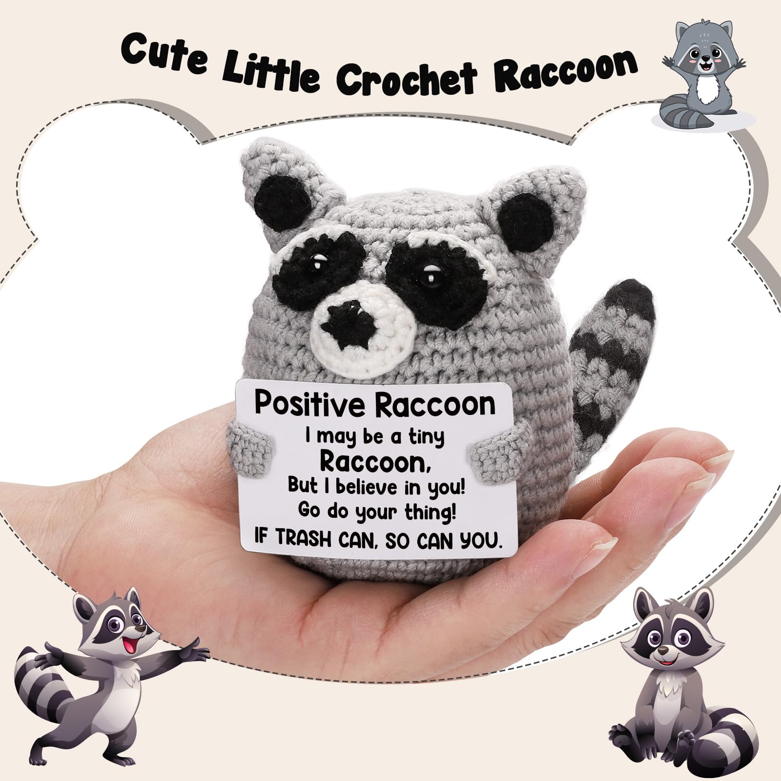 Weming Positive Crochet Animal Raccoon, Handmade Emotional Support Plush Back to School Gift, College Care Package for Teen Girl