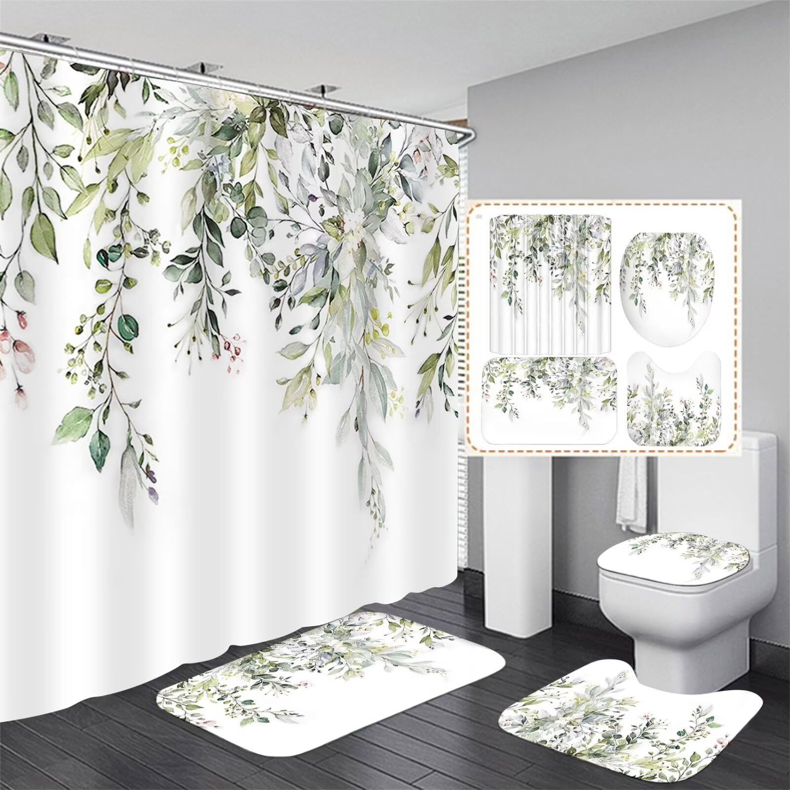 Azhm Sage Green Eucalyptus Plant Shower Curtain Set 4Pcs Watercolor Leaves Floral Bathroom Sets With Shower Curtain And Rugs, Fa