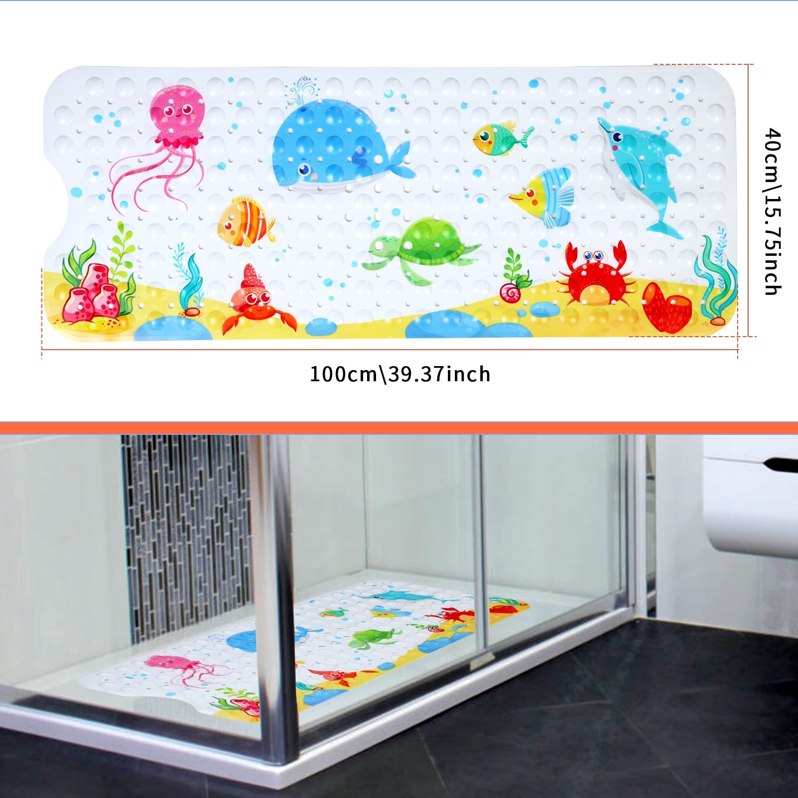 Secopad Kids Bath Mat for Tub Non Slip  40 X 16 Inch Large Cartoon Whale Anti Slip Toddler Baby Bath Mat  Left Drain