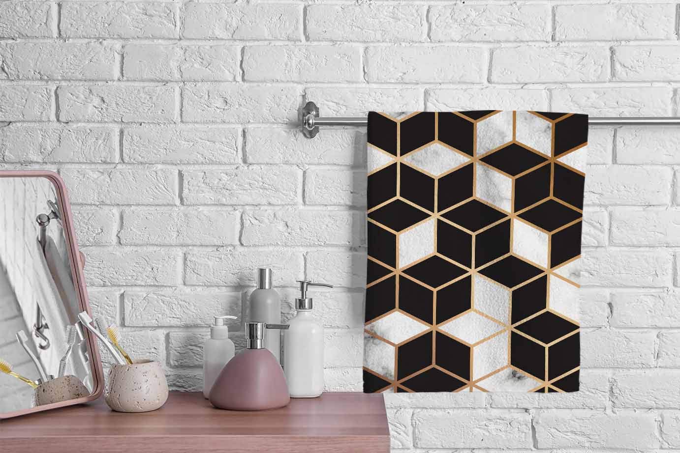 Ofloral Marble Gradient Cubes Hand Towels Cotton Washcloths,Modern Luxurious Marbling Surface Design With Golden Lines Black Whi
