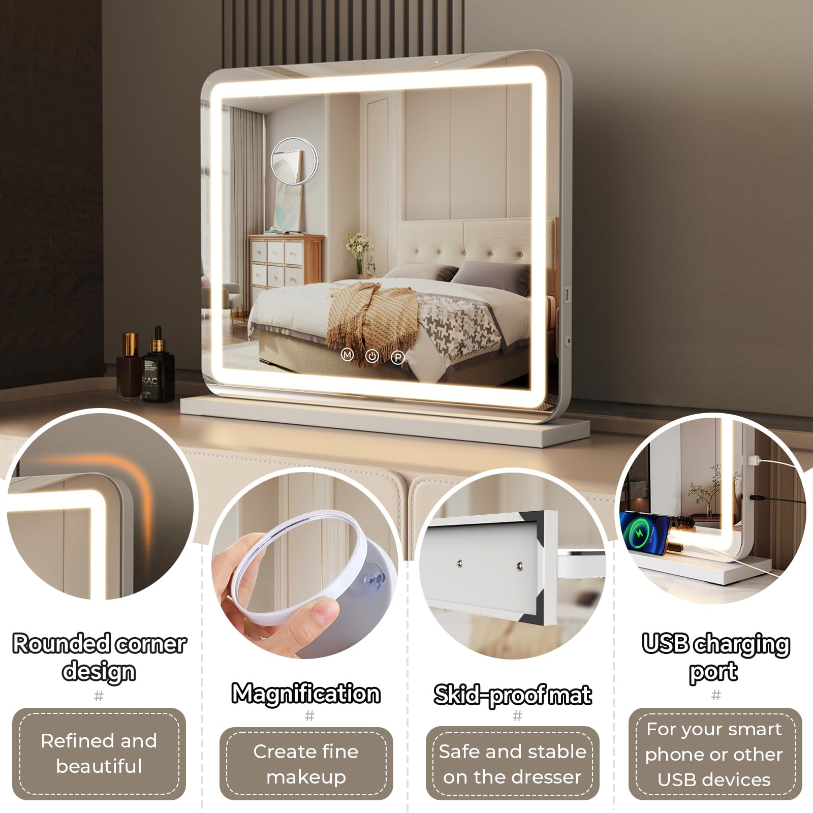 Zl Zeling Vanity Mirror With Lights, 23 Inch Large Makeup Mirror With Led Lights, Smart Touch Dimmable 3-Color Light, Memory Fun