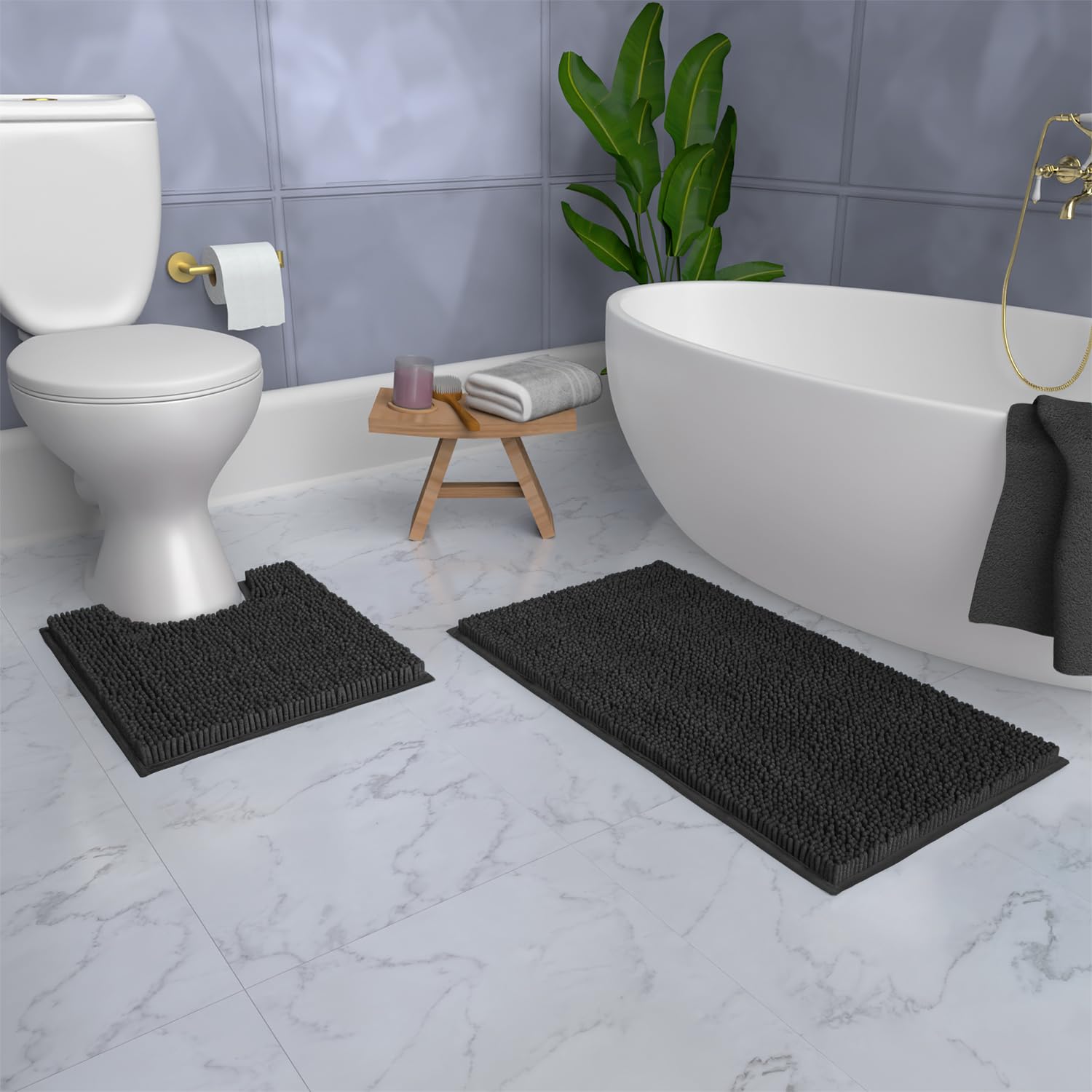 Black Bathroom Rugs Sets 2 Piece, Luxury Chenille Bath Mat Set, Soft Plush Anti-Slip Bath Rug + U-Shaped Toilet Mat. Microfiber