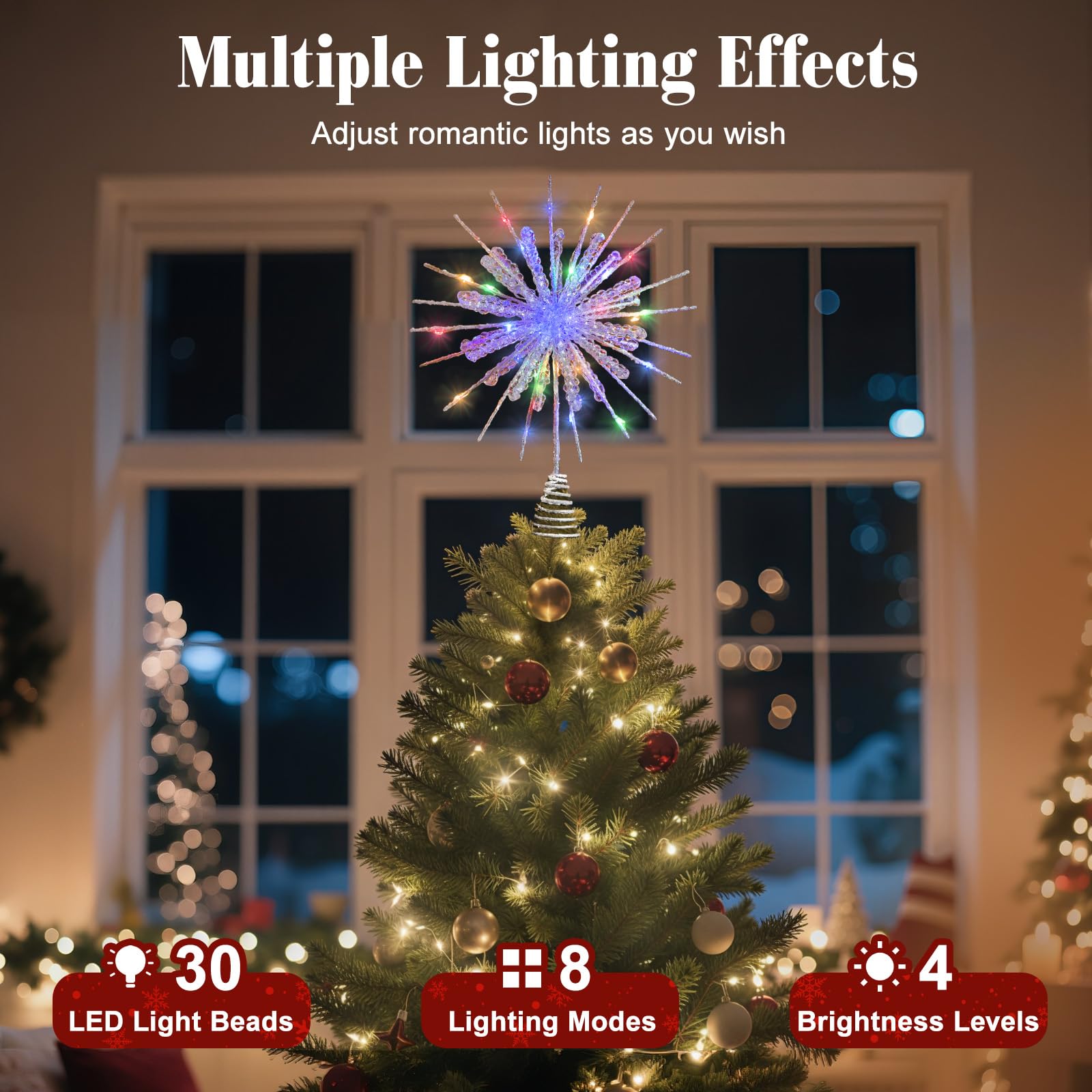 Lewondr Christmas Snowflake Tree Topper, 12.2in Xmas Tree Topper with Glittered Epoxy & 30 Colorful LED, Remote&USB Powered Snow