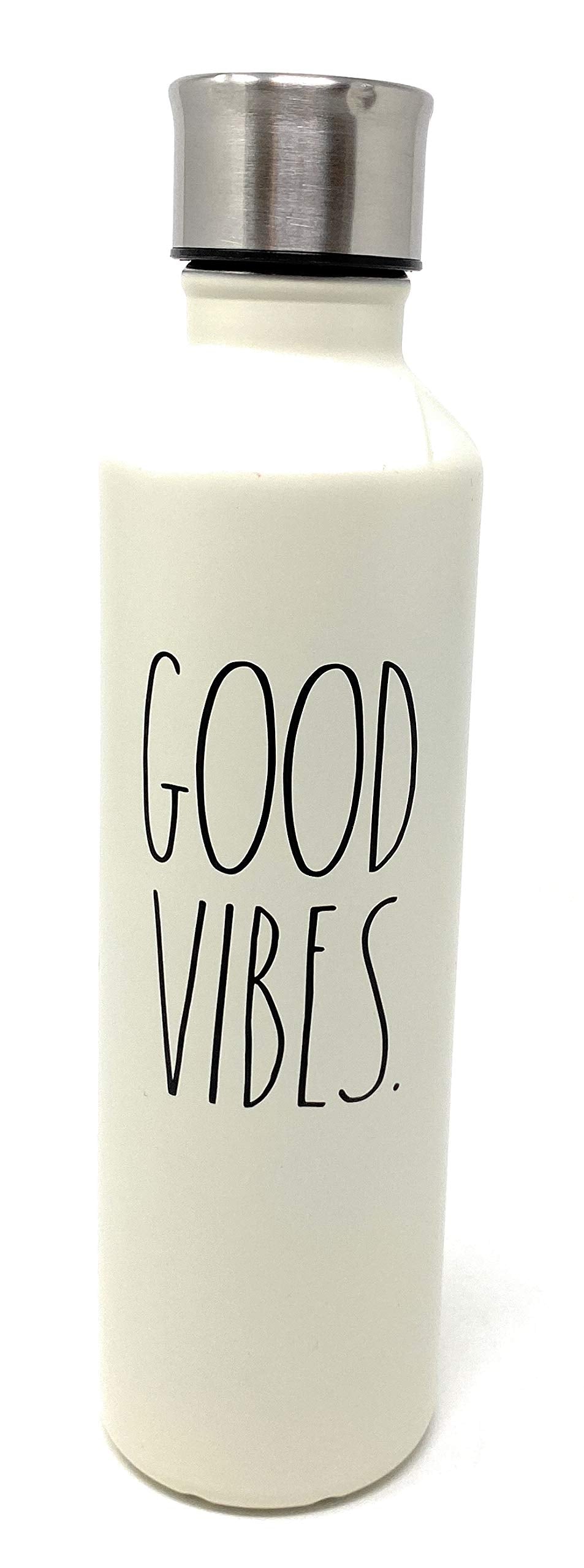 Rae Dunn White Stainless Steel Water Bottle Inscribed Good Vibes. In Ll Black