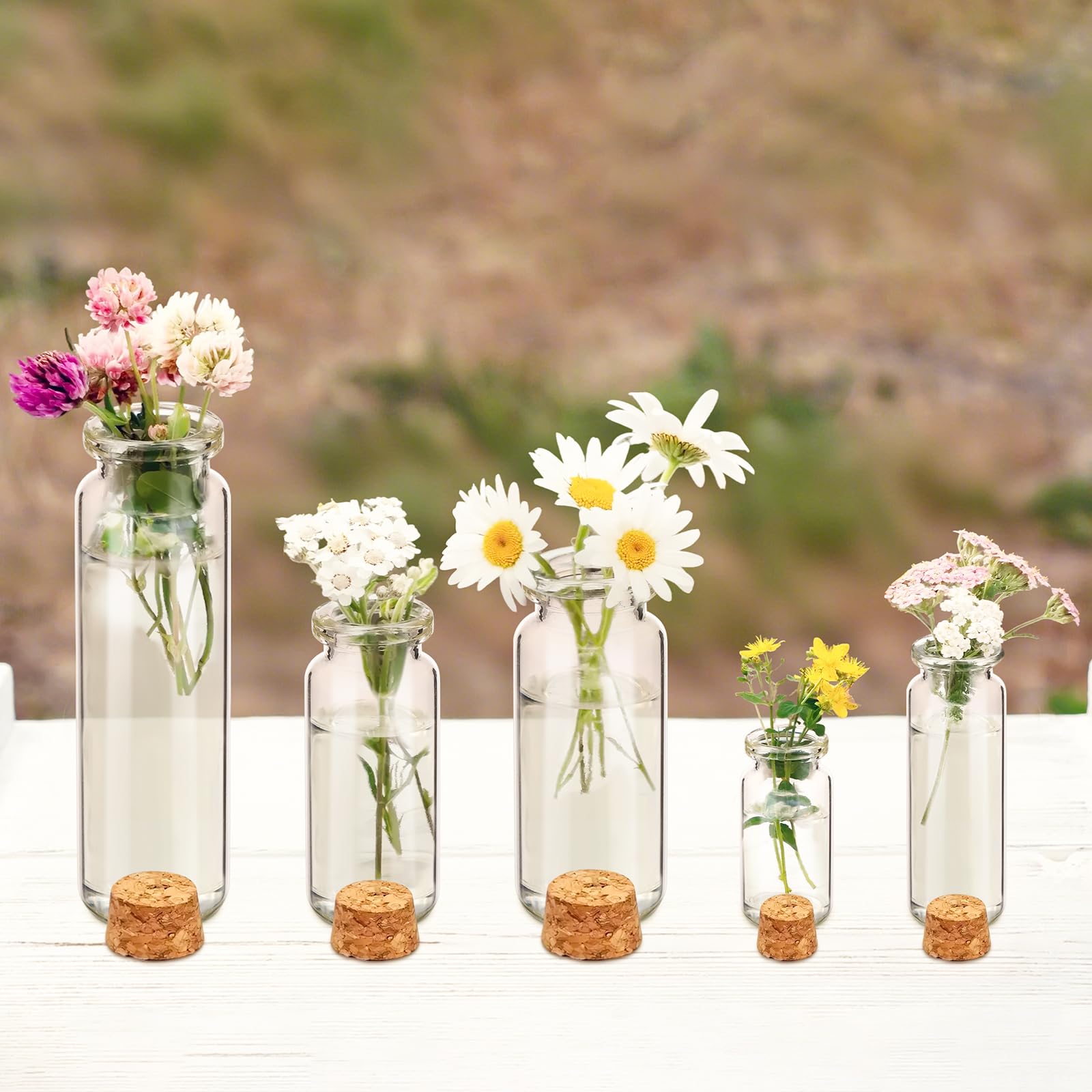 Sherli 45 Pcs Small Mini Glass Bottles with Cork Stoppers Small Glass Jars with Lids Tiny Spell Jars with 50 Eye Screws and 3 Fu