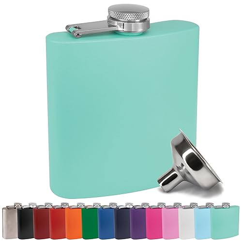 Clear Water Home Goods - 6 Oz Powder Coated Stainless Steel Hip Flask - Wedding Party - Groomsman - Bridesmaid (Matte Teal, 1)