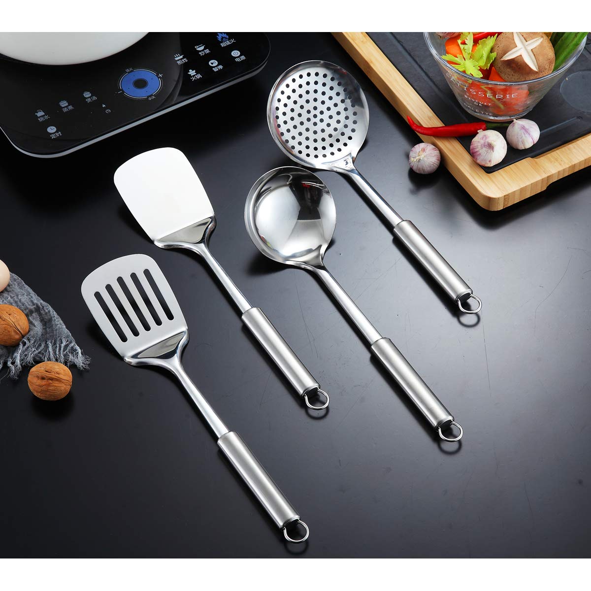 Berglander Cooking Utensil Set 12 Piece Stainless Steel Kitchen Tool Set  Include Cooking Spoon  Spatula  Whisk  Cooking Tong and etc (12 Pieces)