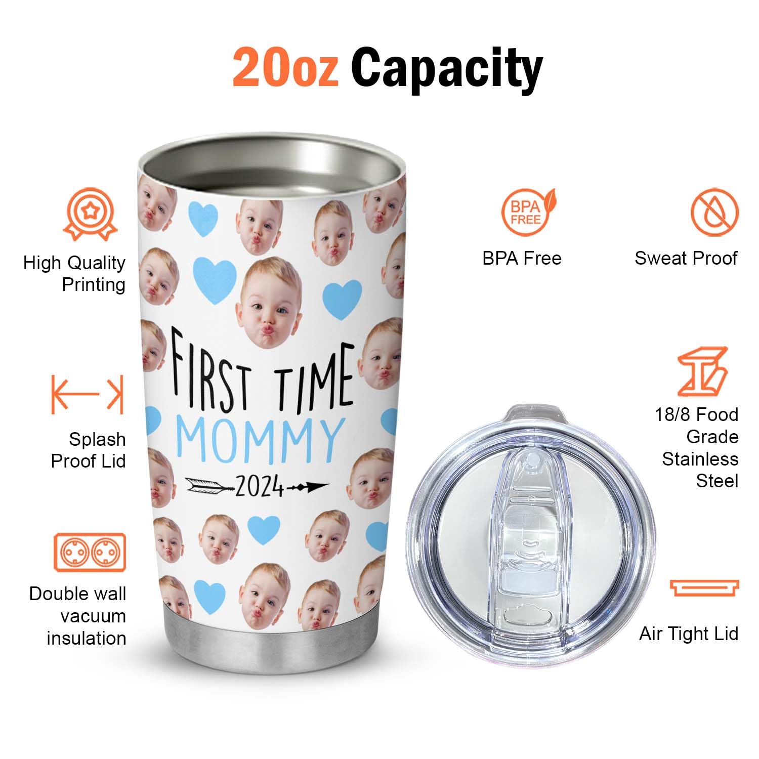 Personalized First Mothers Day Gifts For Mom, New Mom - New Mom Gifts Custom Face Baby, Daughter, Son - Insulated Stainless Stee