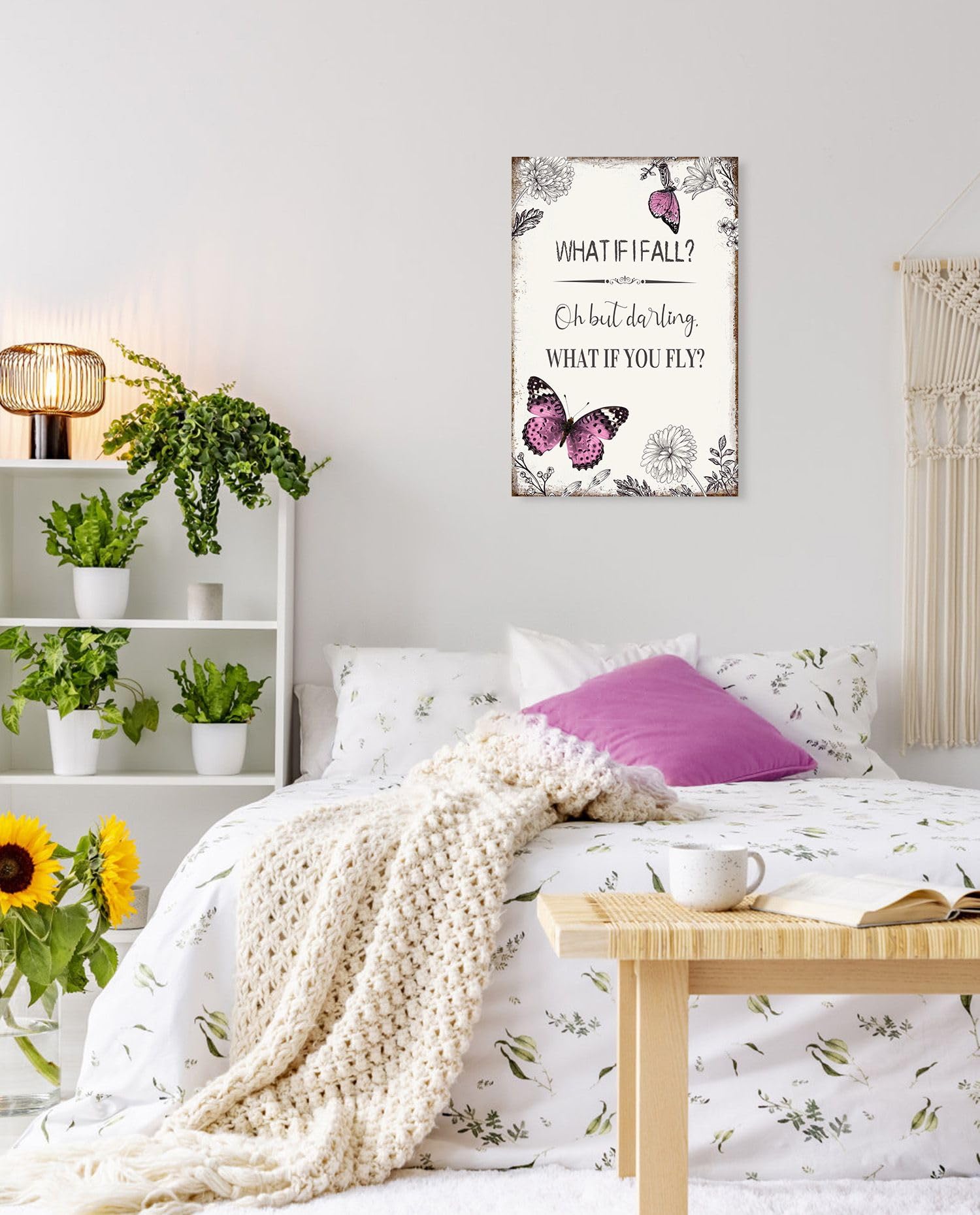 Ypy Inspirational Quote Canvas Wall Art : Pink Butterfly Picture Motivational Framed Poster, What If I Fall Positive Sign For Te