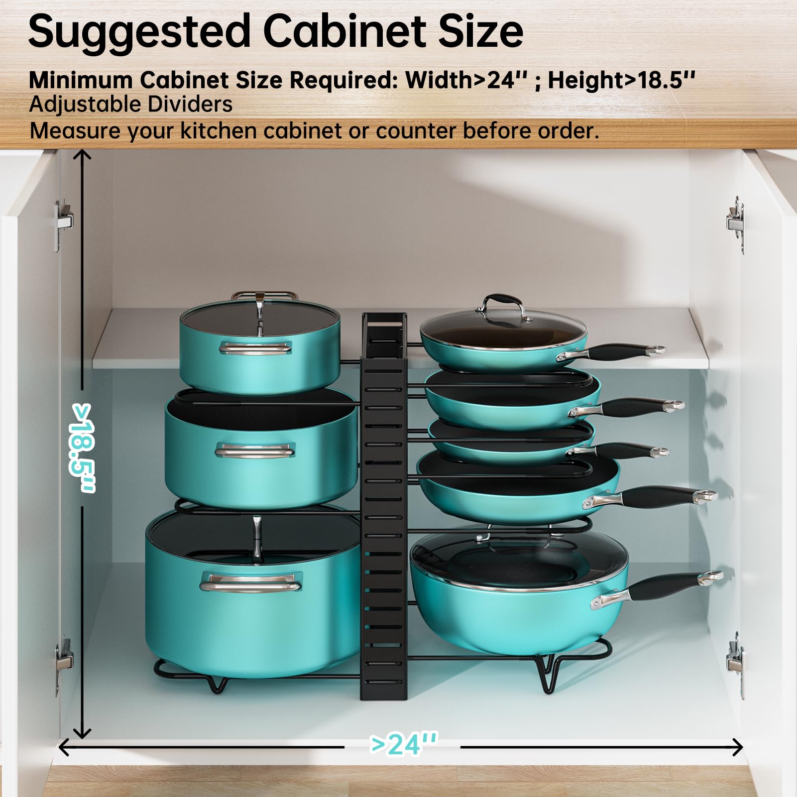 MUDEELA Pots and Pans Organizer Rack, Adjustable 8-Tier Storage, Black, Iron, Standard 16.5"H, Under Cabinet Solution